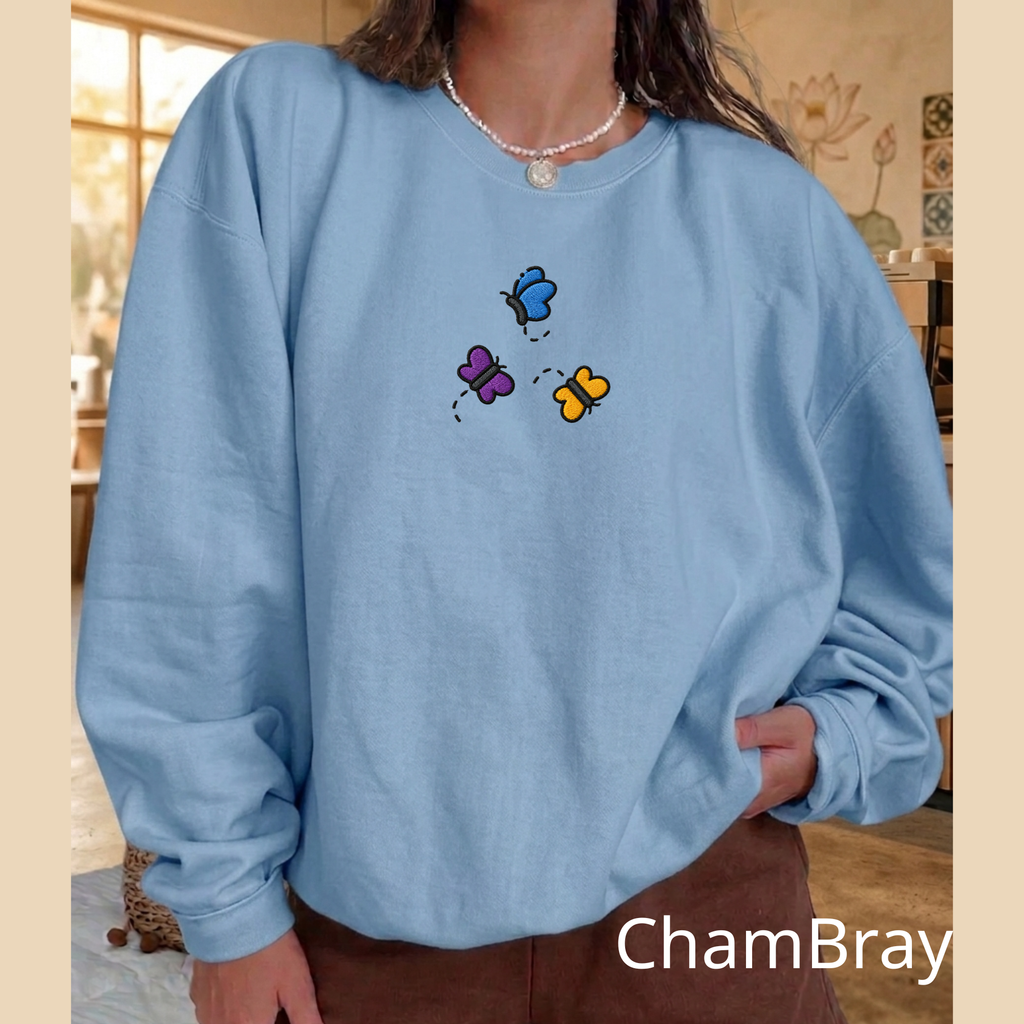 Embroidered Butterfly Crewneck Sweatshirt – Cute Aesthetic Oversized Pullover, Machine Embroidered Butterfly Design