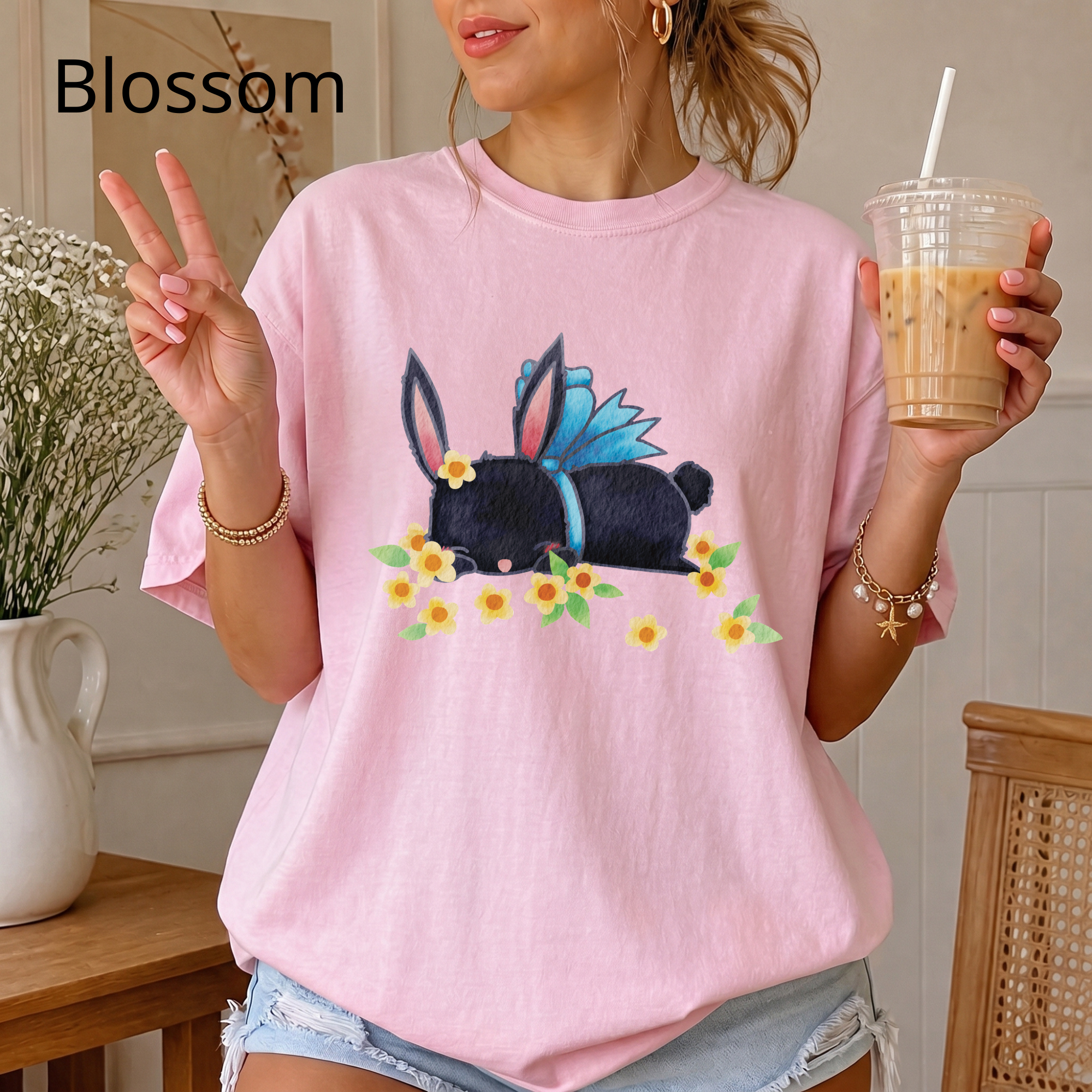 Bunny Bouquet T‑Shirt — Sleeping Black Bunny with Flowers