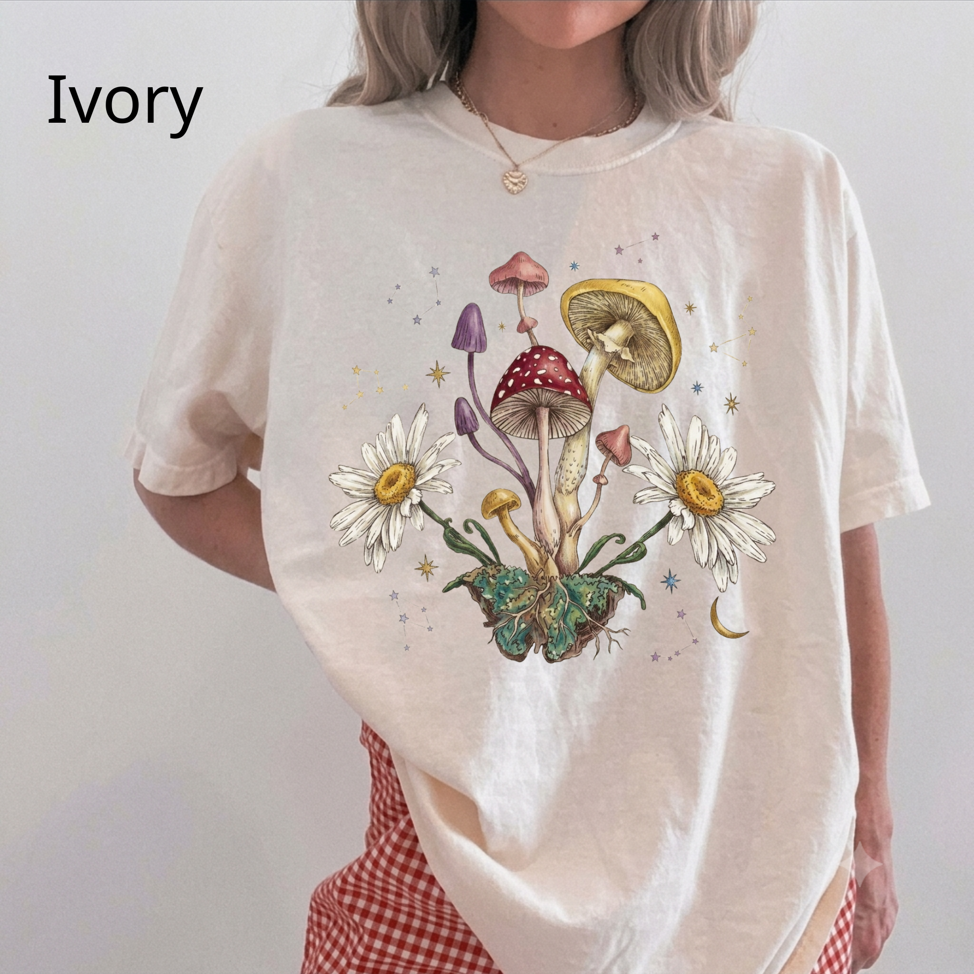 Mushroom & Daisies Botanical T-Shirt — Vintage Cottagecore Nature Tee, Floral Shirt