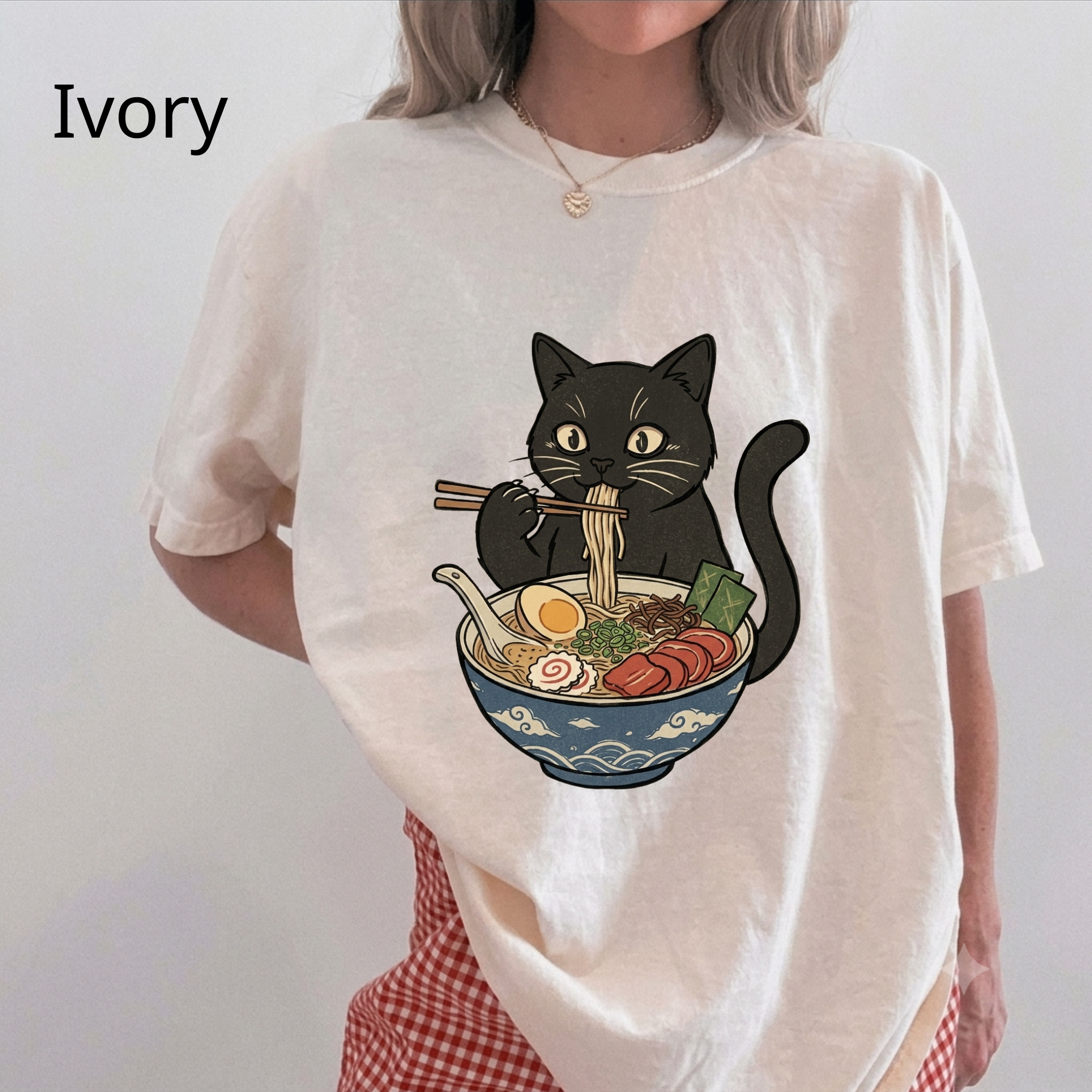 Comfort Colors® Cat Ramen Unisex T-Shirt, Funny Cat Eating Ramen Graphic Tee, Vintage Kitty Casual Summer Shirt