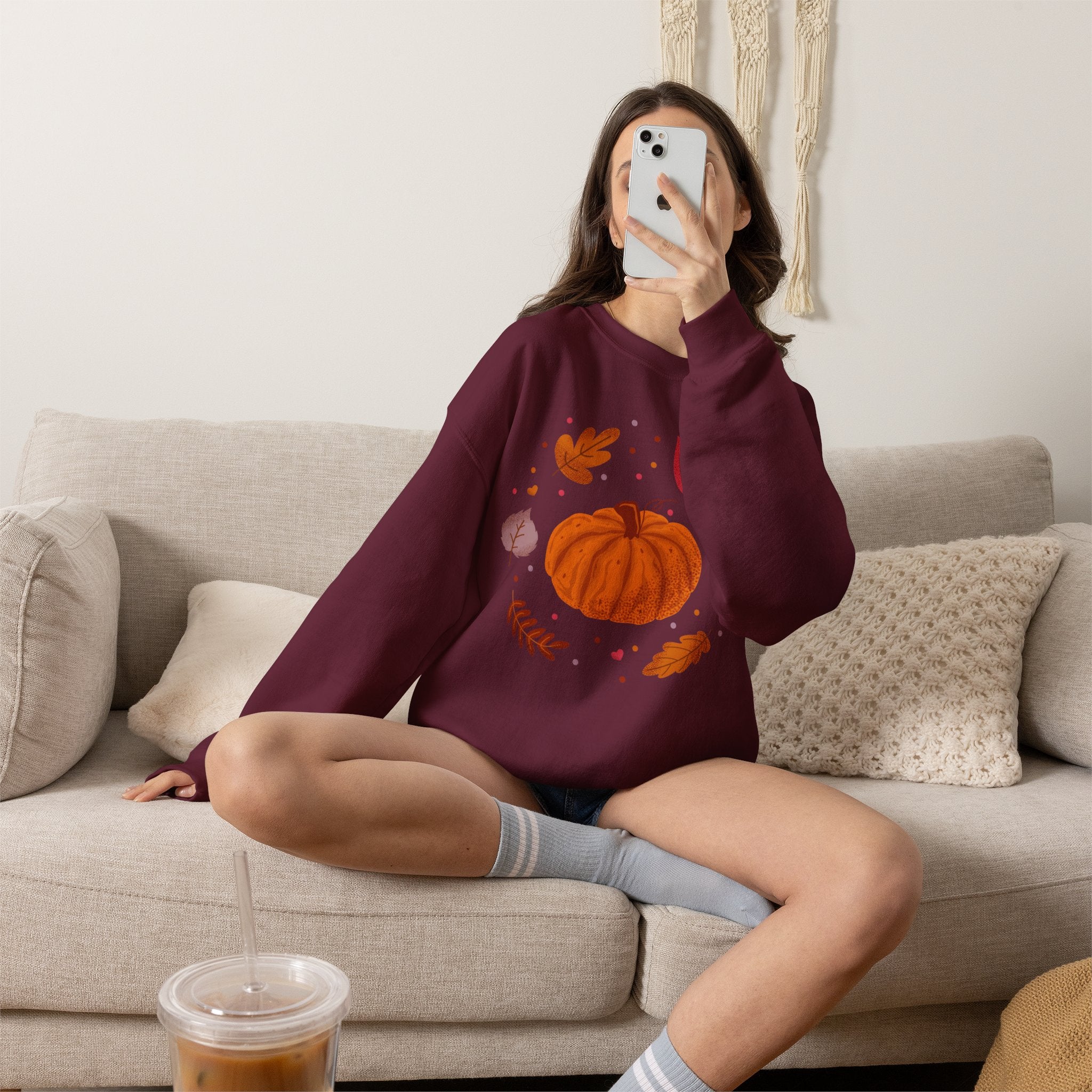 Autumn Pumpkin and Fall Leaves Graphic Sweatshirt - Cozy Seasonal Crewneck - Cute Halloween Shirt
