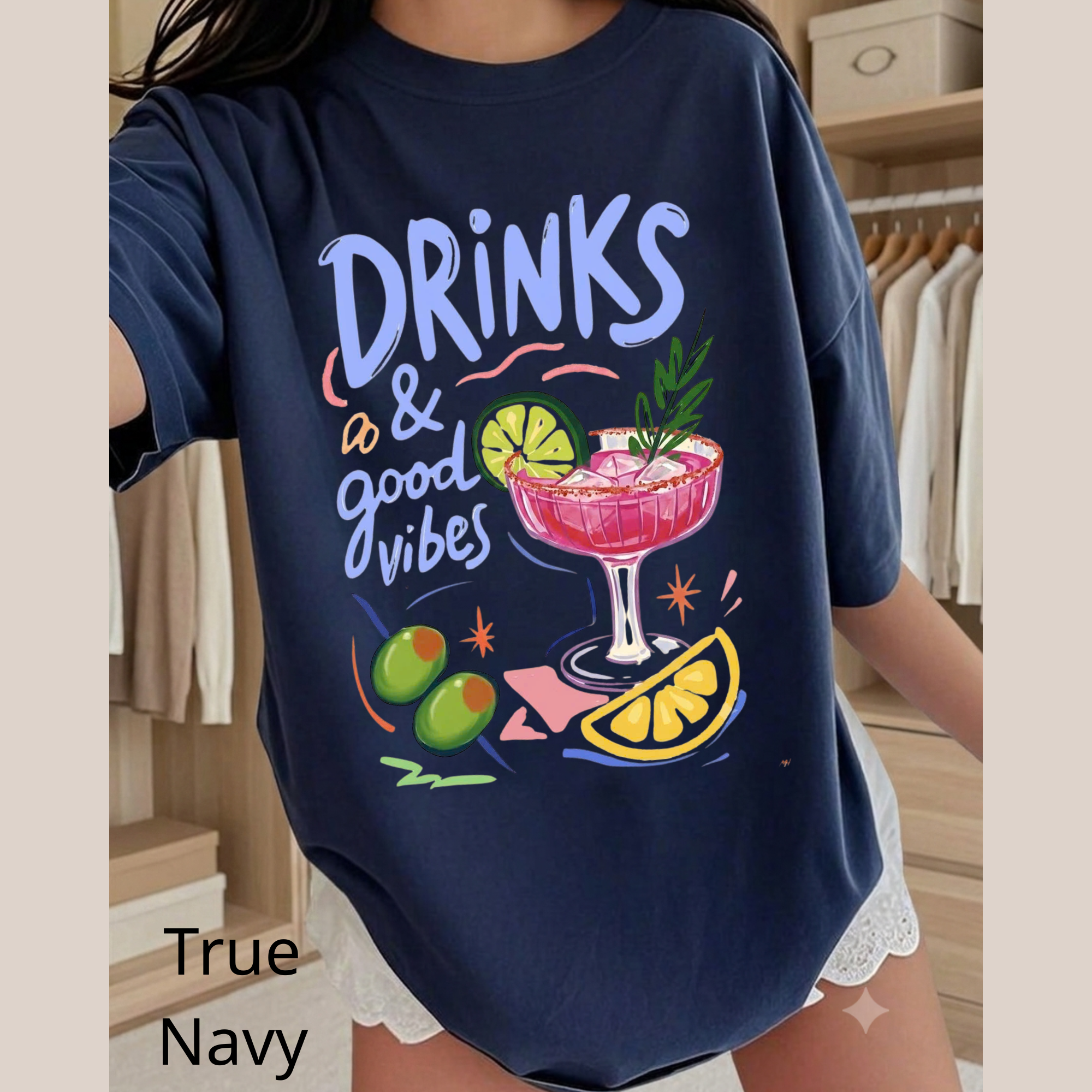 Drinks & Good Vibes Graphic T-Shirt, Cute Cocktail Lover Tee, Retro Summer Party Shirt, Casual Cotton Apparel
