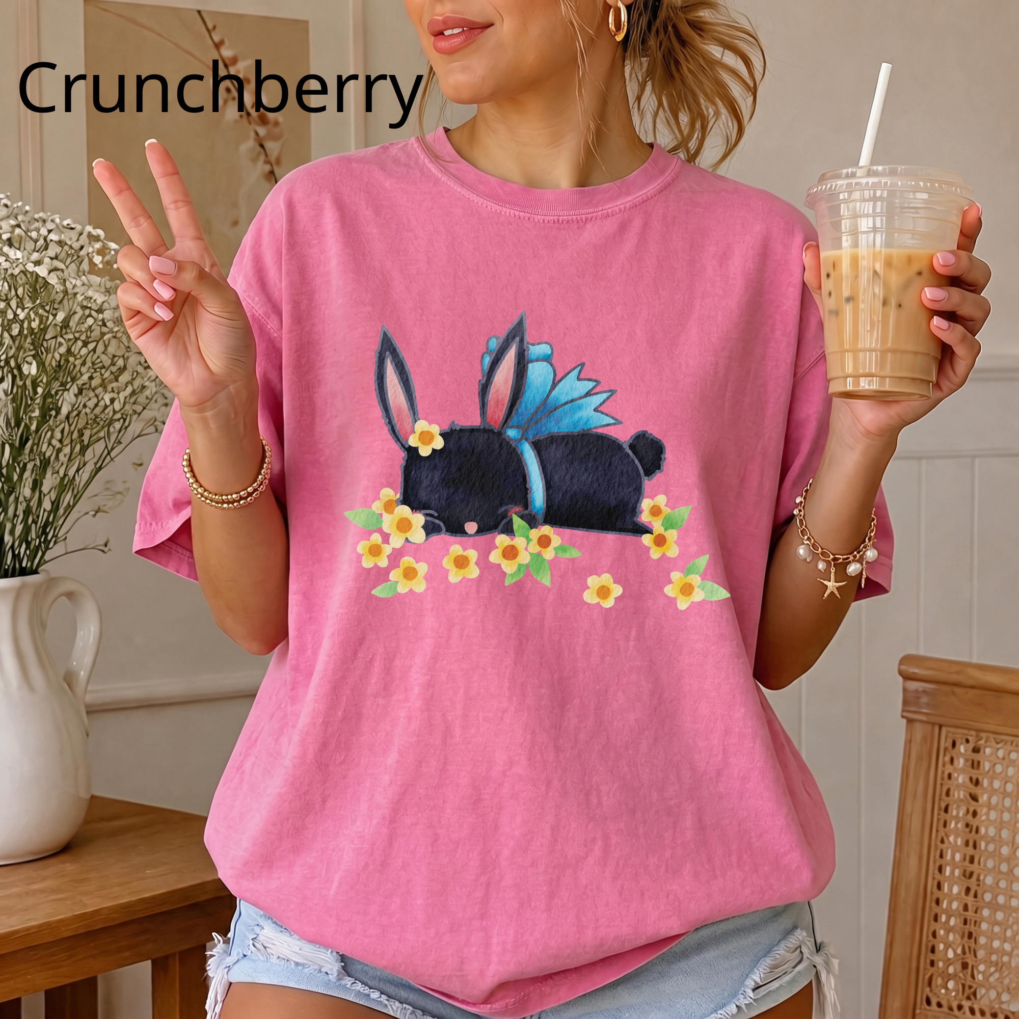 Bunny Bouquet T‑Shirt — Sleeping Black Bunny with Flowers