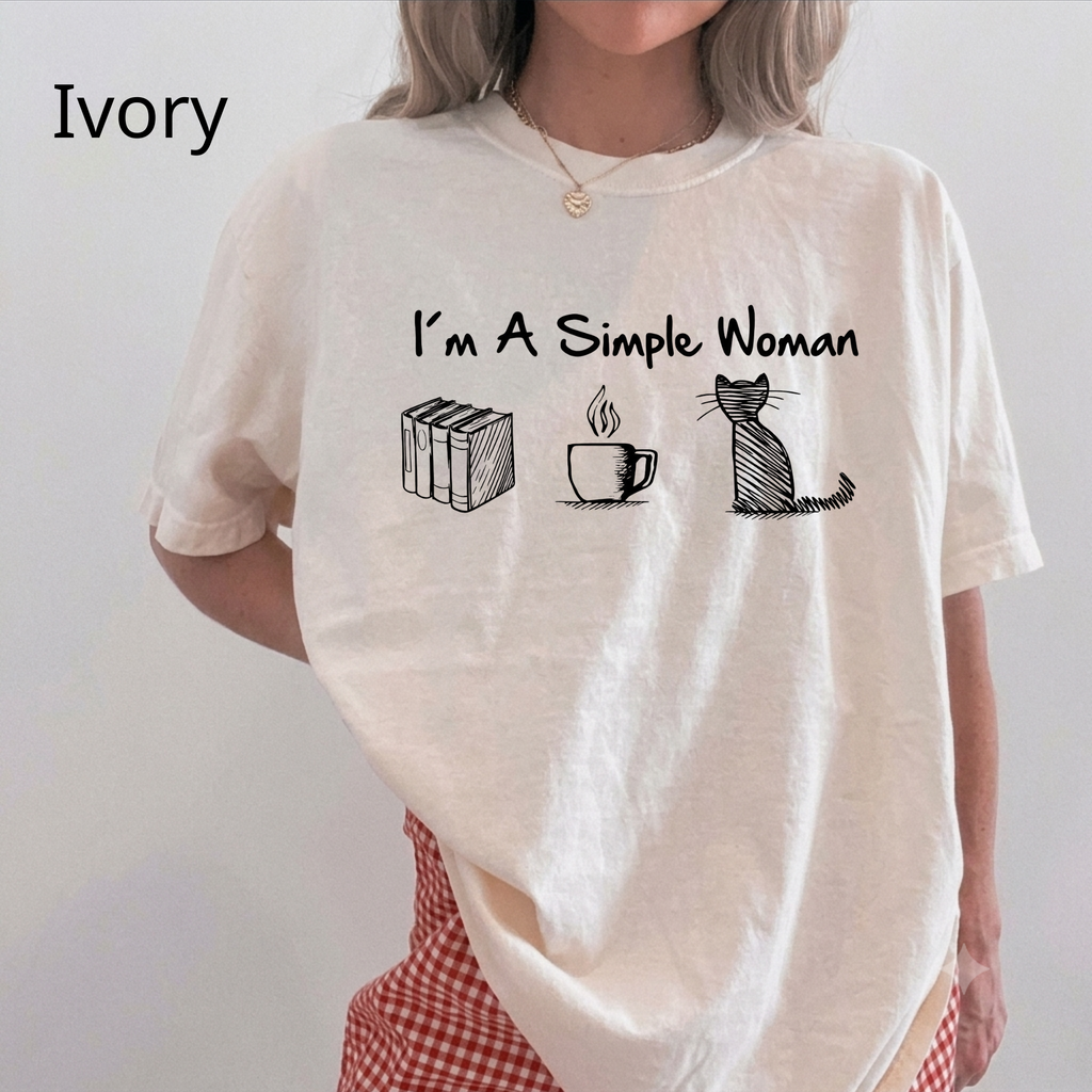 Funny Cat Mom T-Shirt, I'm A Simple Woman Tee, Coffee Cat and Books Graphic Apparel, Vintage Aesthetic Bookish Top