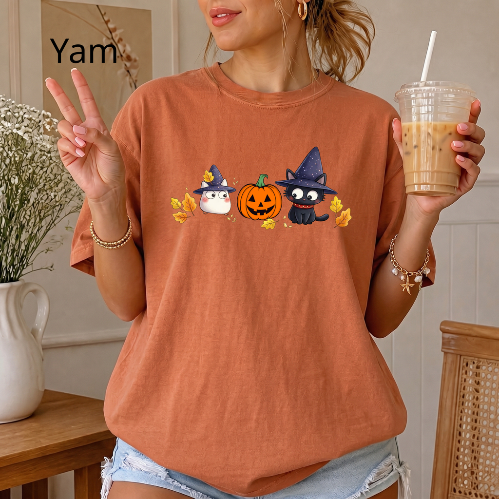 Cute Halloween Witch Cat & Ghost Pumpkin T-Shirt