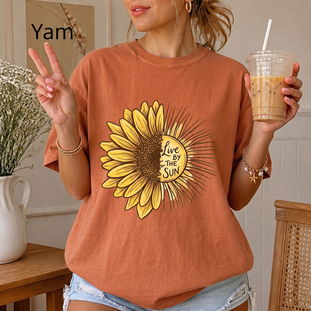 Boho Sunflower Sun Shirt, Inspirational Quote Graphic Tee, Live by the Sun Floral T-Shirt, Aesthetic Sunbeams Comfort Tee