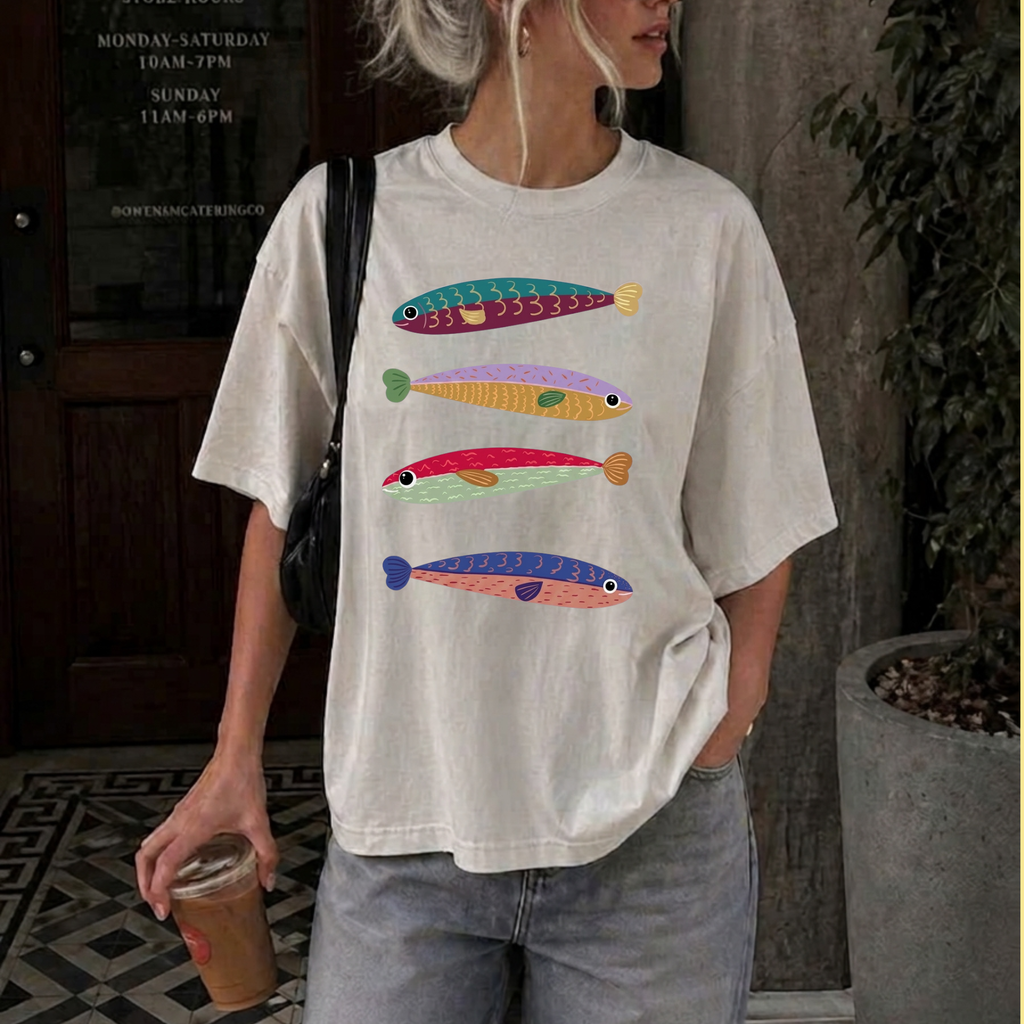 Feng Shui Fish T-Shirt, Cute Colorful Fish Tee, Aesthetic Pastel Graphic Shirt, Boho Fish Art Lover Gift, Quirky Indie Oversized Top