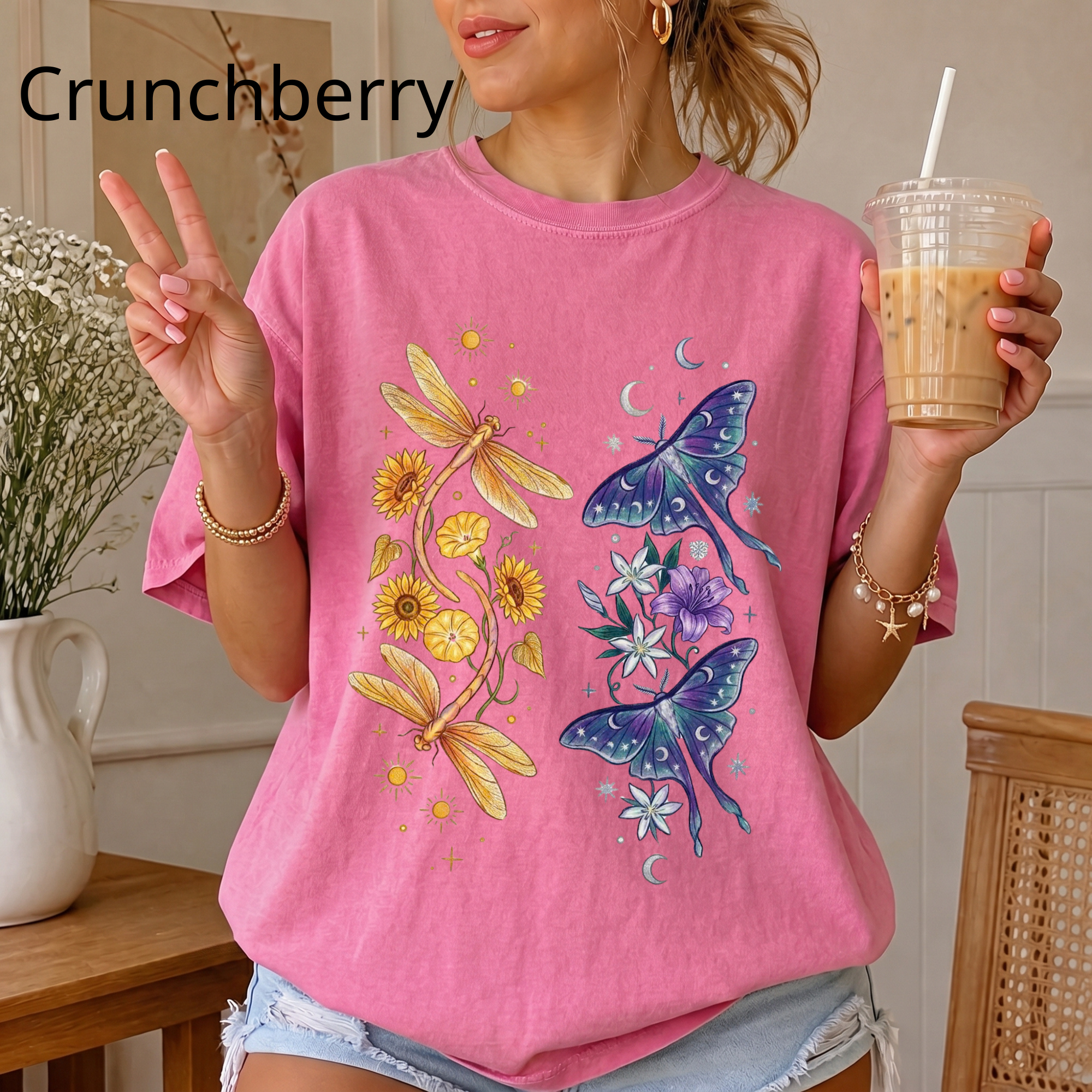 Botanical Moths T-Shirt — Golden Dragonflies & Midnight Moths Floral Tee