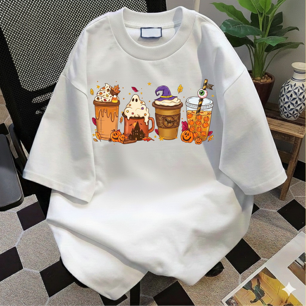 Fall Vibes Halloween Drinks Graphic Tee, Iced Coffee Ghost Shirt, Cozy Autumn Season Shirt, Funny Coffee Lover Gift