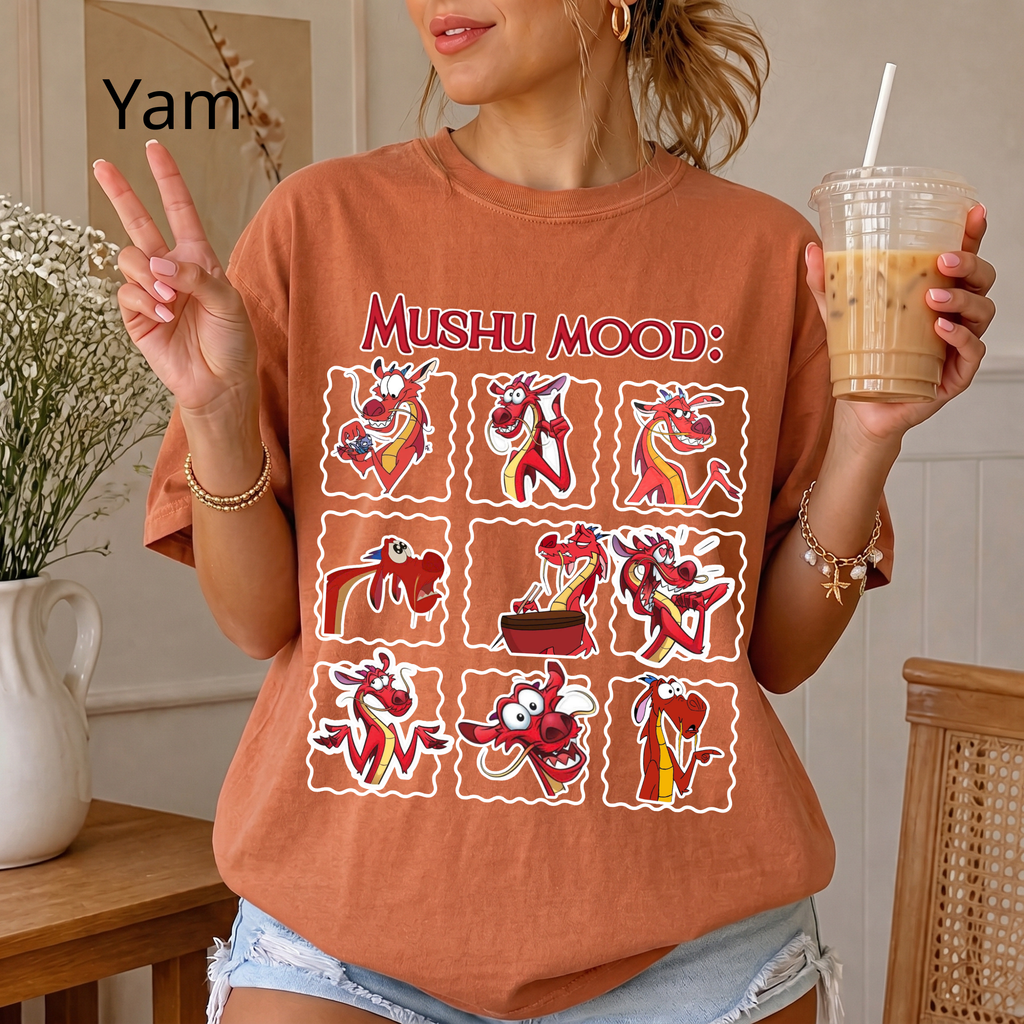 Retro "Mushu Mood" Shirt, Dragon Graphic Tee, Cute Face Emotion Of Mushu T-Shirt | Mulan Princess Tee