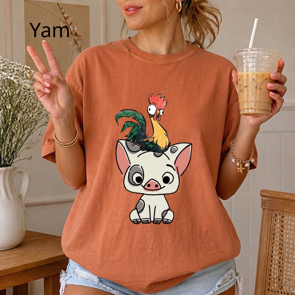 Cute Pua and Hei Hei Shirt, Retro Moana Pig and Rooster T-Shirt, Chibi Anime Graphic Tee, Cute Animal Comfort Colors Shirt