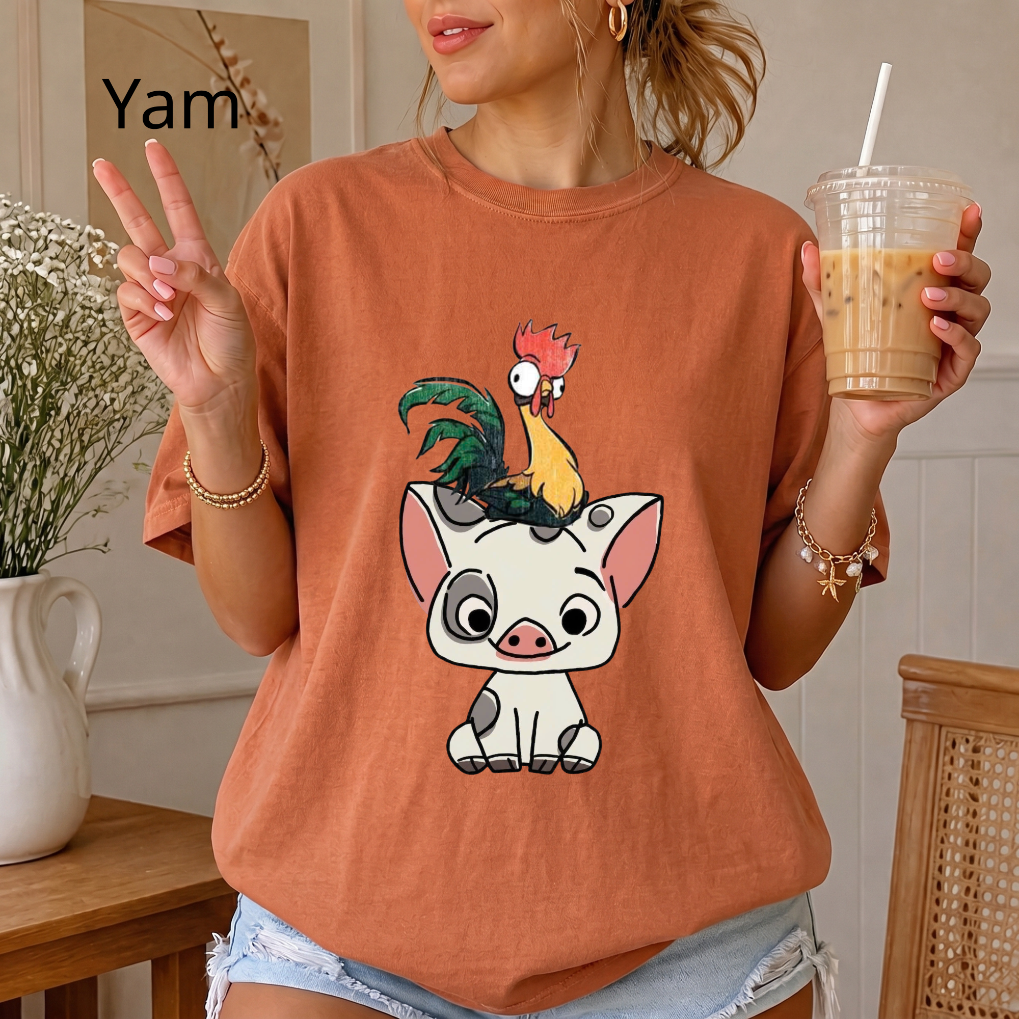 Cute Pua and Hei Hei Shirt, Retro Moana Pig and Rooster T-Shirt, Chibi Anime Graphic Tee, Cute Animal Comfort Colors Shirt