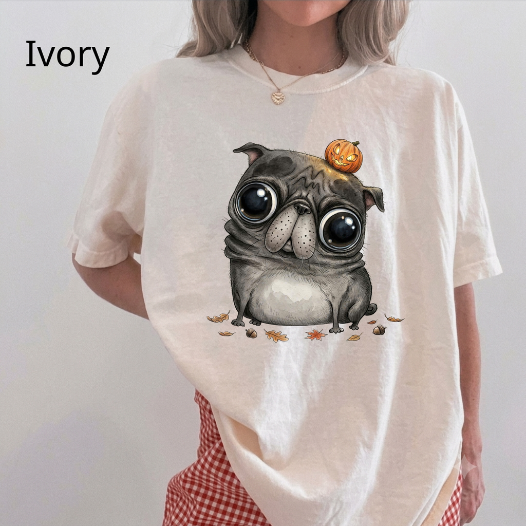 Comfort Colors® Cute Halloween Pug T-Shirt, Spooky Season Pug Puppy Tee, Big Eyes Pugkin Shirt, Pug Lover Gift