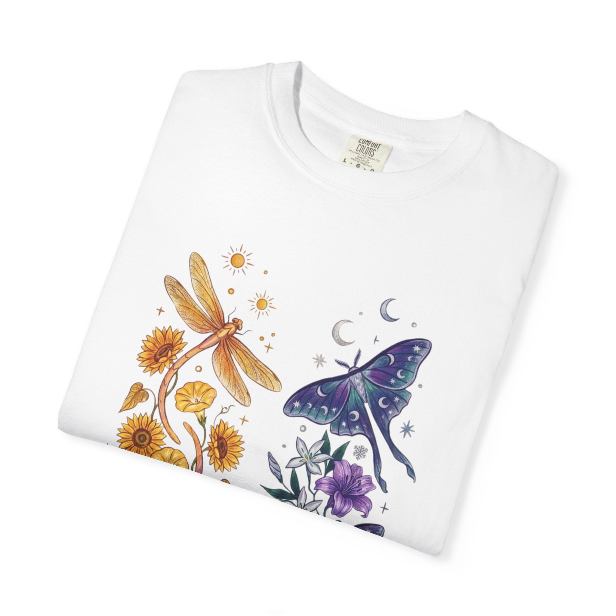 Botanical Moths T-Shirt — Golden Dragonflies & Midnight Moths Floral Tee