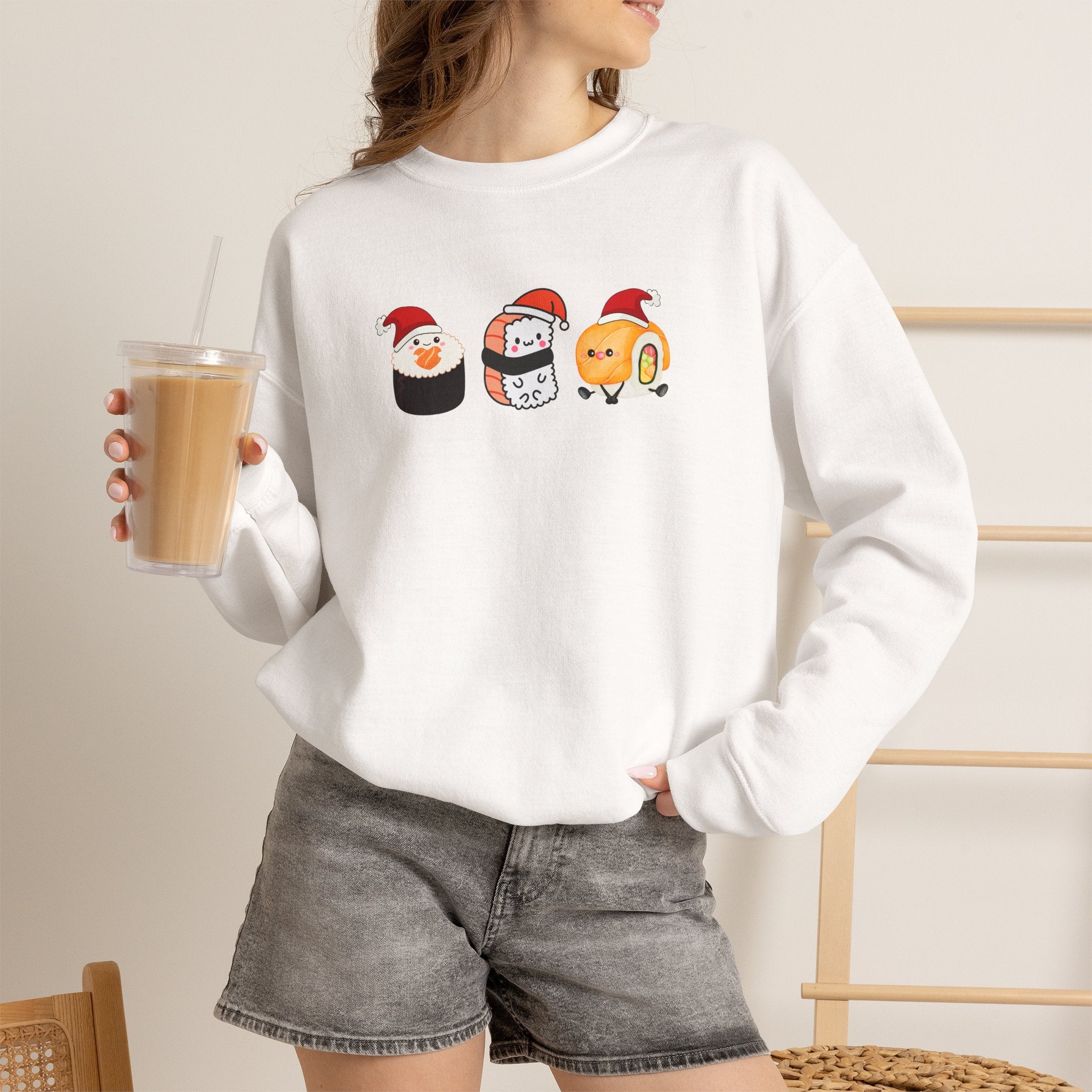 Holiday Sushi Crewneck Sweatshirt — Cute Santa Sushi Trio Christmas Sweatshirt