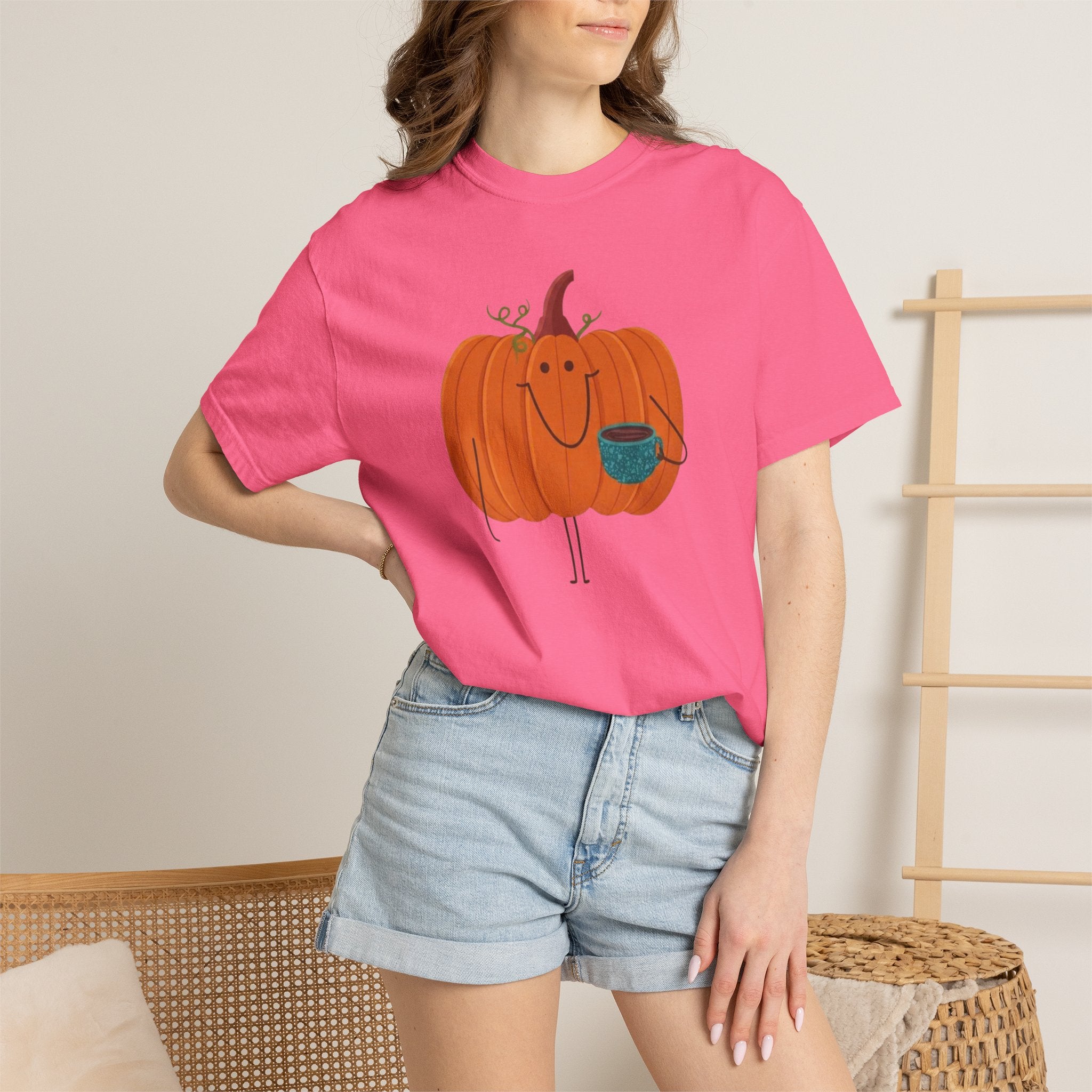Cute Pumpkin Drinking Coffee T-Shirt, Funny Fall Season Tee, Happy Halloween T‑Shirt