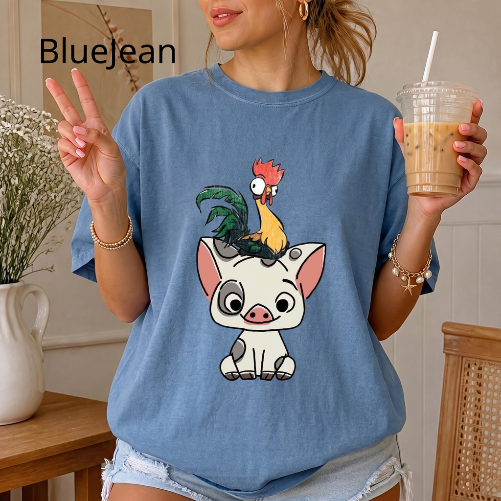Cute Pua and Hei Hei Shirt, Retro Moana Pig and Rooster T-Shirt, Chibi Anime Graphic Tee, Cute Animal Comfort Colors Shirt