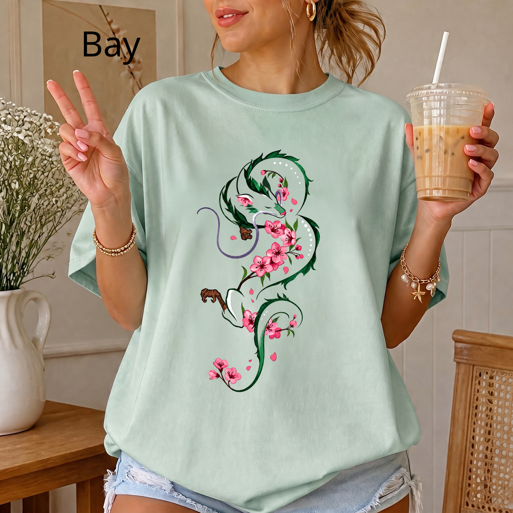 Vintage Dragon and Sakura T-Shirt, Japanese Aesthetic Anime Clothing, Cherry Blossom Floral Dragon Tee, Studio Ghibli Aesthetic Tee