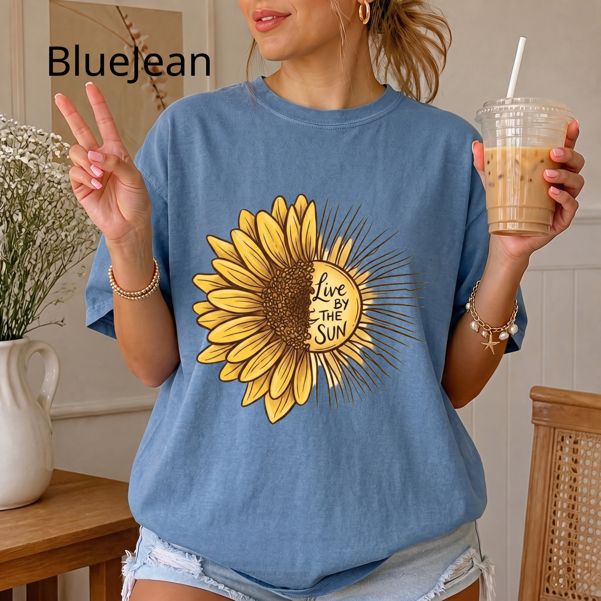 Boho Sunflower Sun Shirt, Inspirational Quote Graphic Tee, Live by the Sun Floral T-Shirt, Aesthetic Sunbeams Comfort Tee