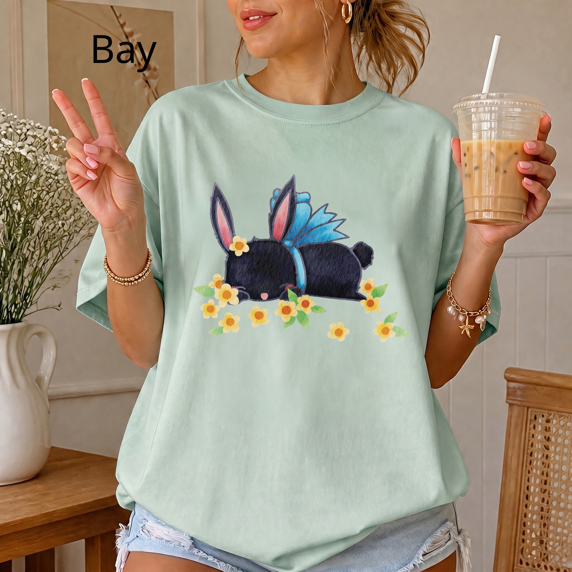 Bunny Bouquet T‑Shirt — Sleeping Black Bunny with Flowers