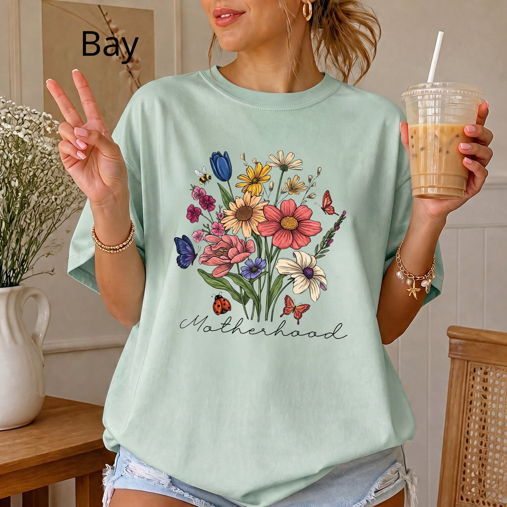 Floral Wildflower Bouquet T-Shirt — Motherhood Script