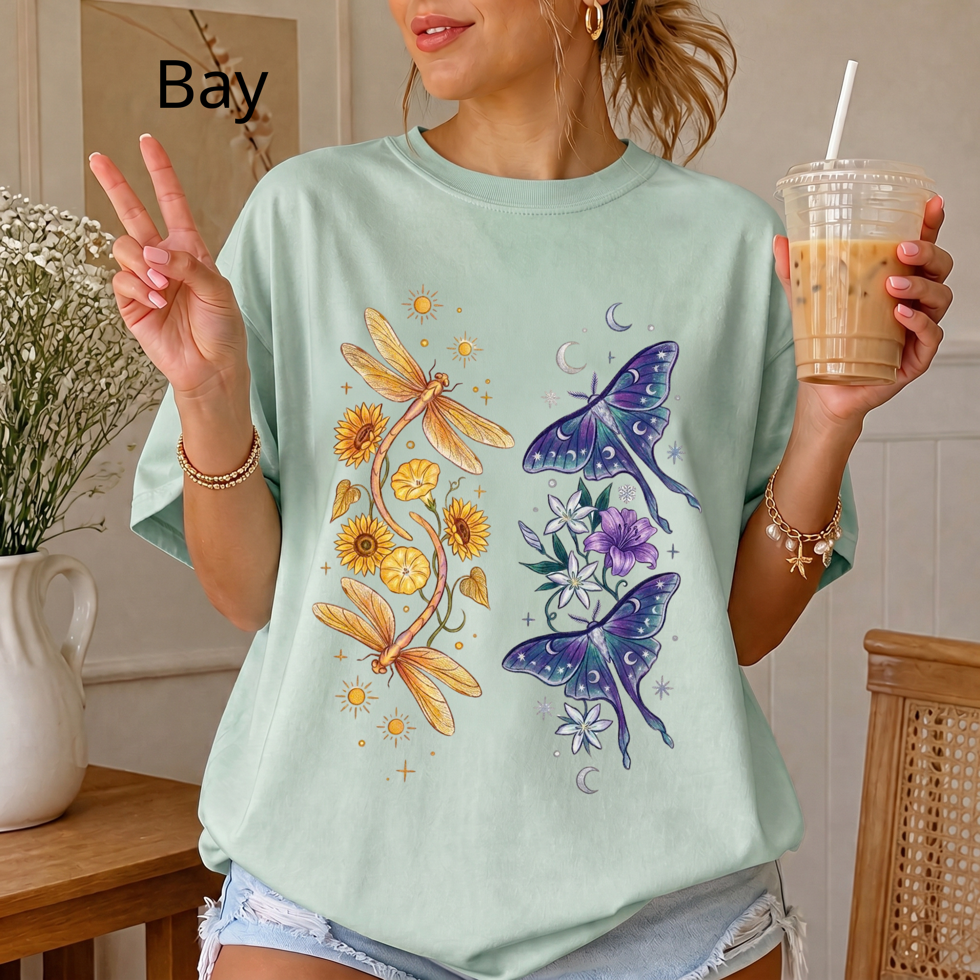 Botanical Moths T-Shirt — Golden Dragonflies & Midnight Moths Floral Tee