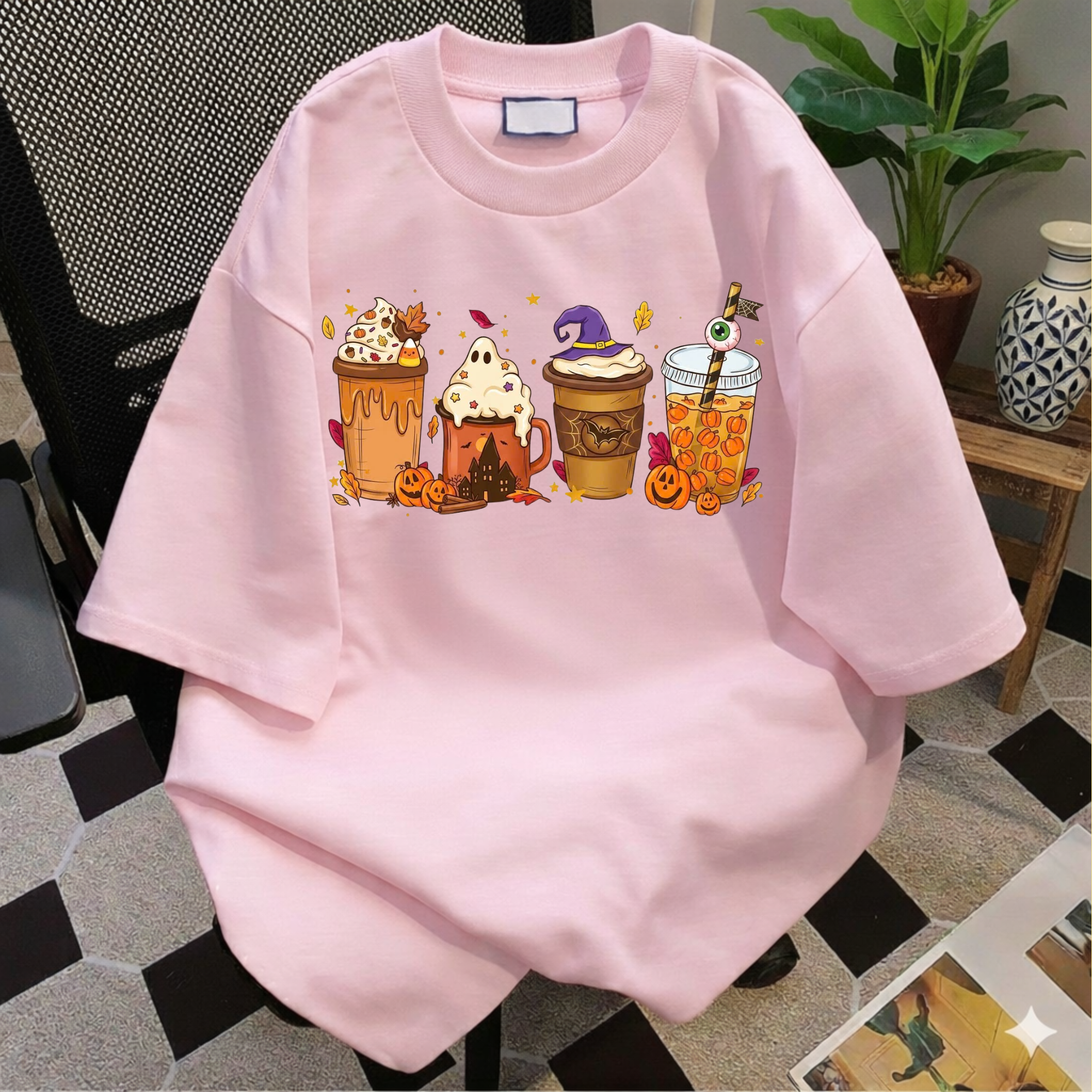 Fall Vibes Halloween Drinks Graphic Tee, Iced Coffee Ghost Shirt, Cozy Autumn Season Shirt, Funny Coffee Lover Gift