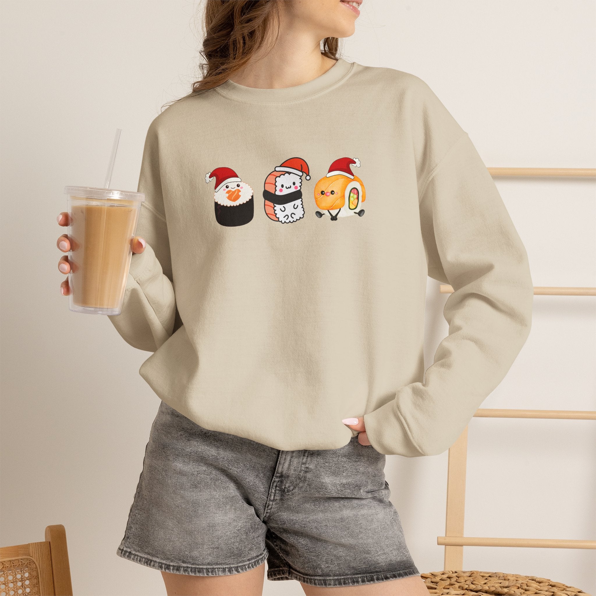 Holiday Sushi Crewneck Sweatshirt — Cute Santa Sushi Trio Christmas Sweatshirt