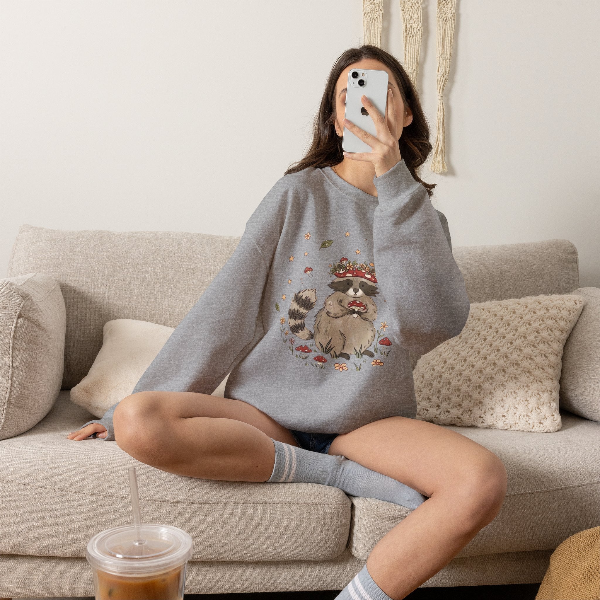 Cute Raccoon with Mushroom Crown Sweatshirt - Cottagecore Forest Animal Tee