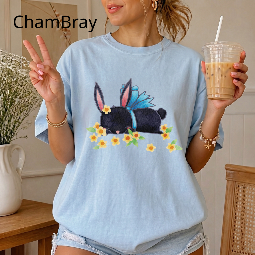 Bunny Bouquet T‑Shirt — Sleeping Black Bunny with Flowers