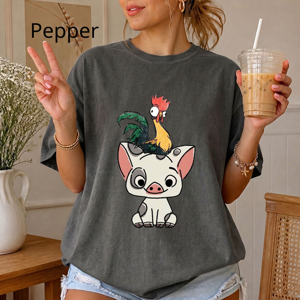 Cute Pua and Hei Hei Shirt, Retro Moana Pig and Rooster T-Shirt, Chibi Anime Graphic Tee, Cute Animal Comfort Colors Shirt
