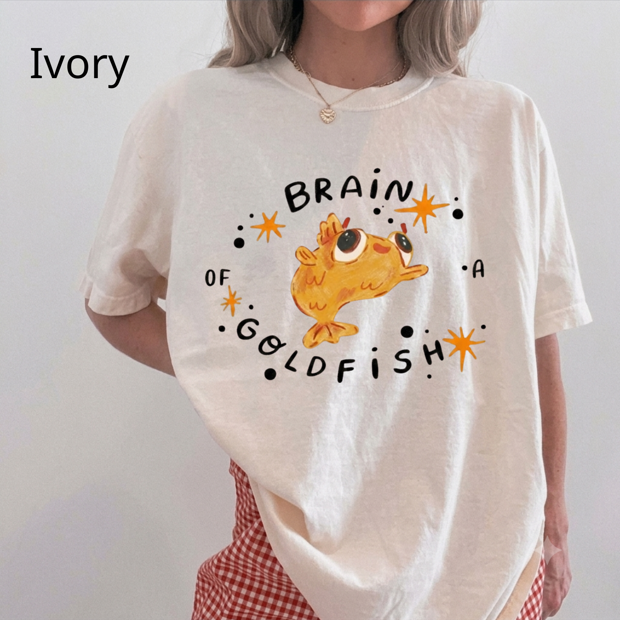 Brain of a Goldfish Cute Graphic Tee, Funny Fish T-Shirt, Aesthetic Retro Casual Cotton Shirt