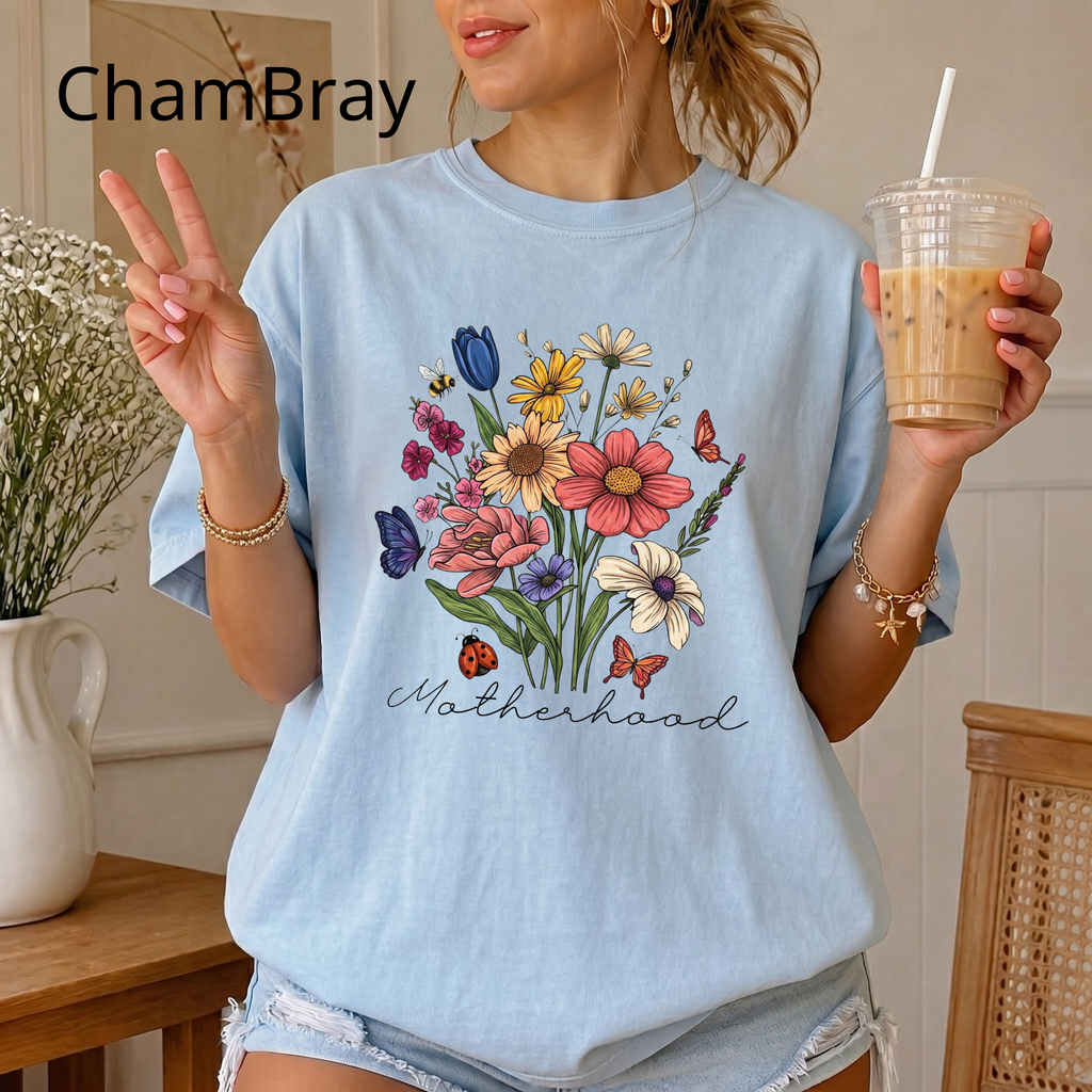 Floral Wildflower Bouquet T-Shirt — Motherhood Script