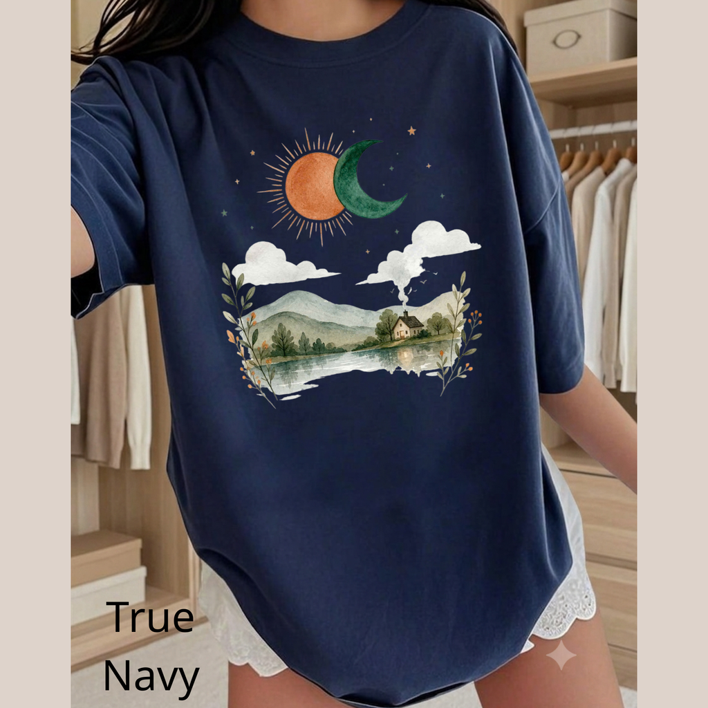 Vintage Nature Aesthetic T-Shirt, Sun and Moon Graphic Tee, Boho Landscape Shirt, Cute Indie Clothing