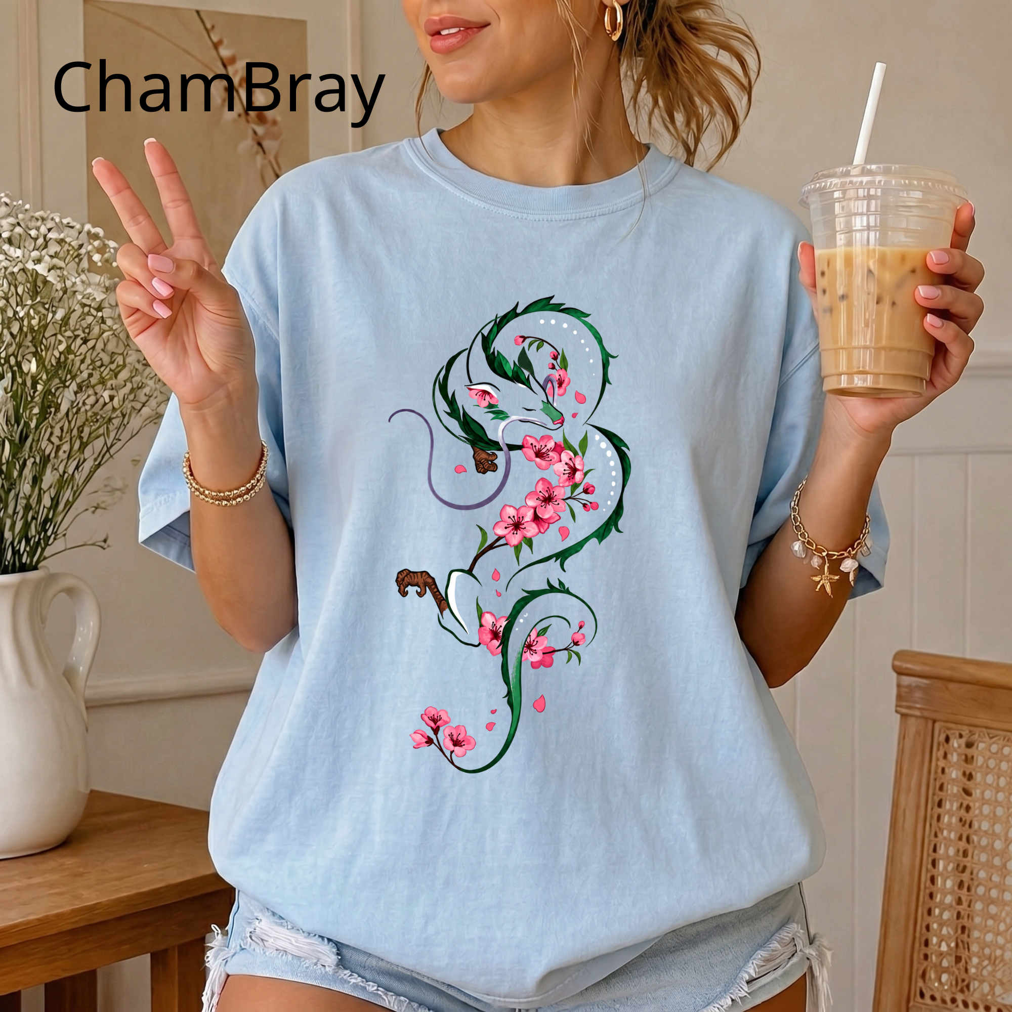 Vintage Dragon and Sakura T-Shirt, Japanese Aesthetic Anime Clothing, Cherry Blossom Floral Dragon Tee, Studio Ghibli Aesthetic Tee