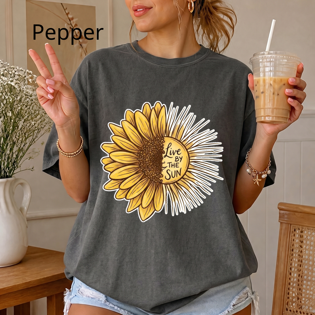 Boho Sunflower Sun Shirt, Inspirational Quote Graphic Tee, Live by the Sun Floral T-Shirt, Aesthetic Sunbeams Comfort Tee