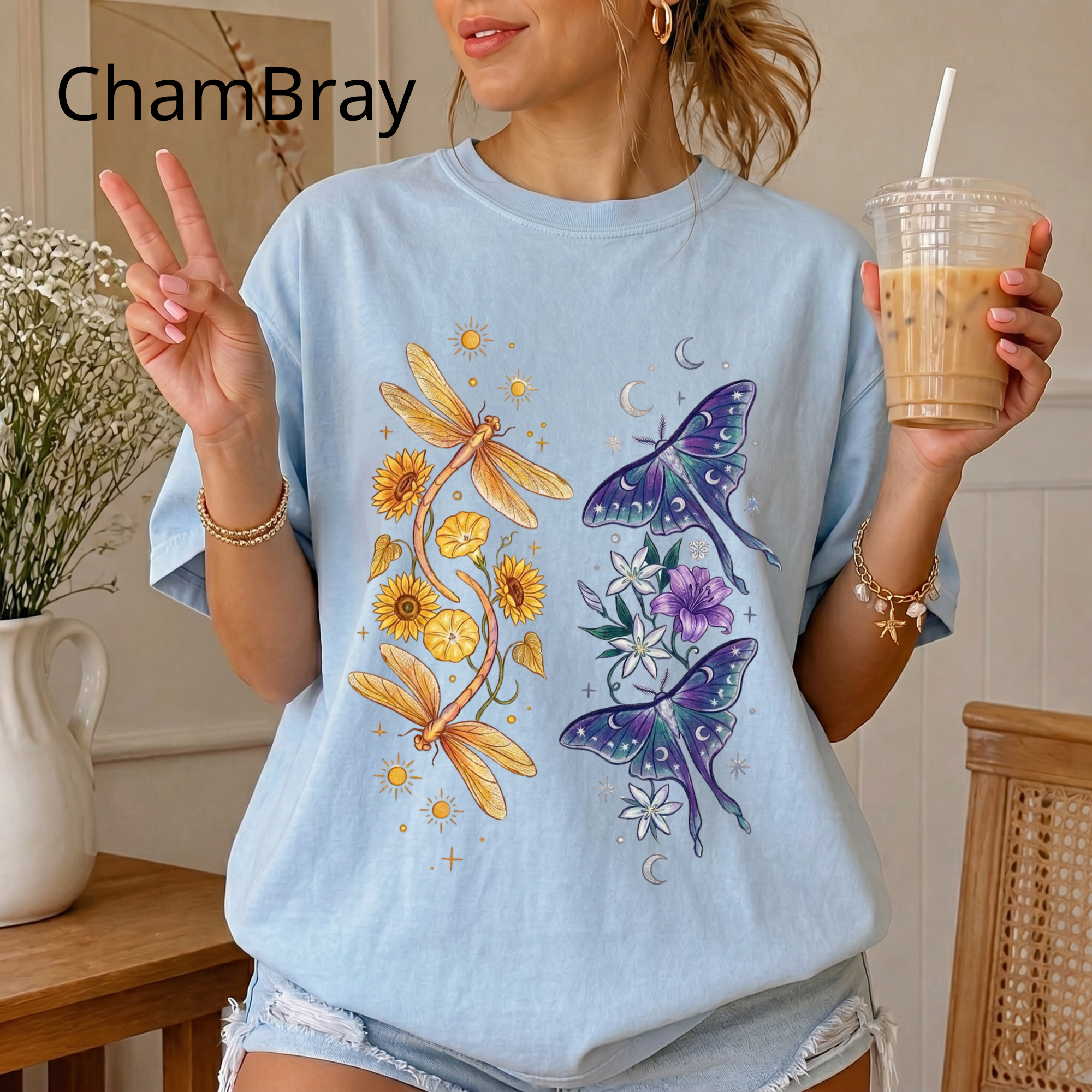 Botanical Moths T-Shirt — Golden Dragonflies & Midnight Moths Floral Tee