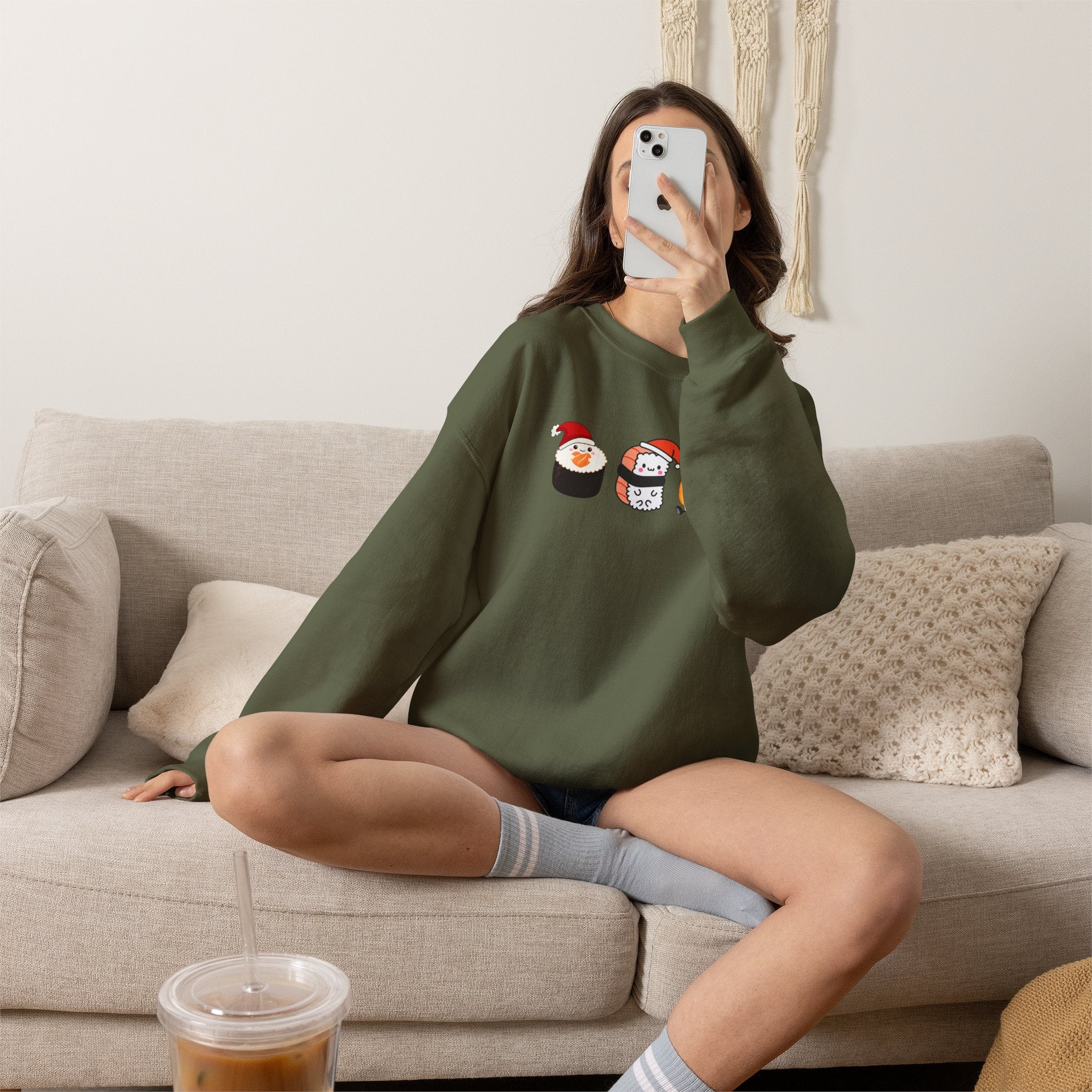 Holiday Sushi Crewneck Sweatshirt — Cute Santa Sushi Trio Christmas Sweatshirt