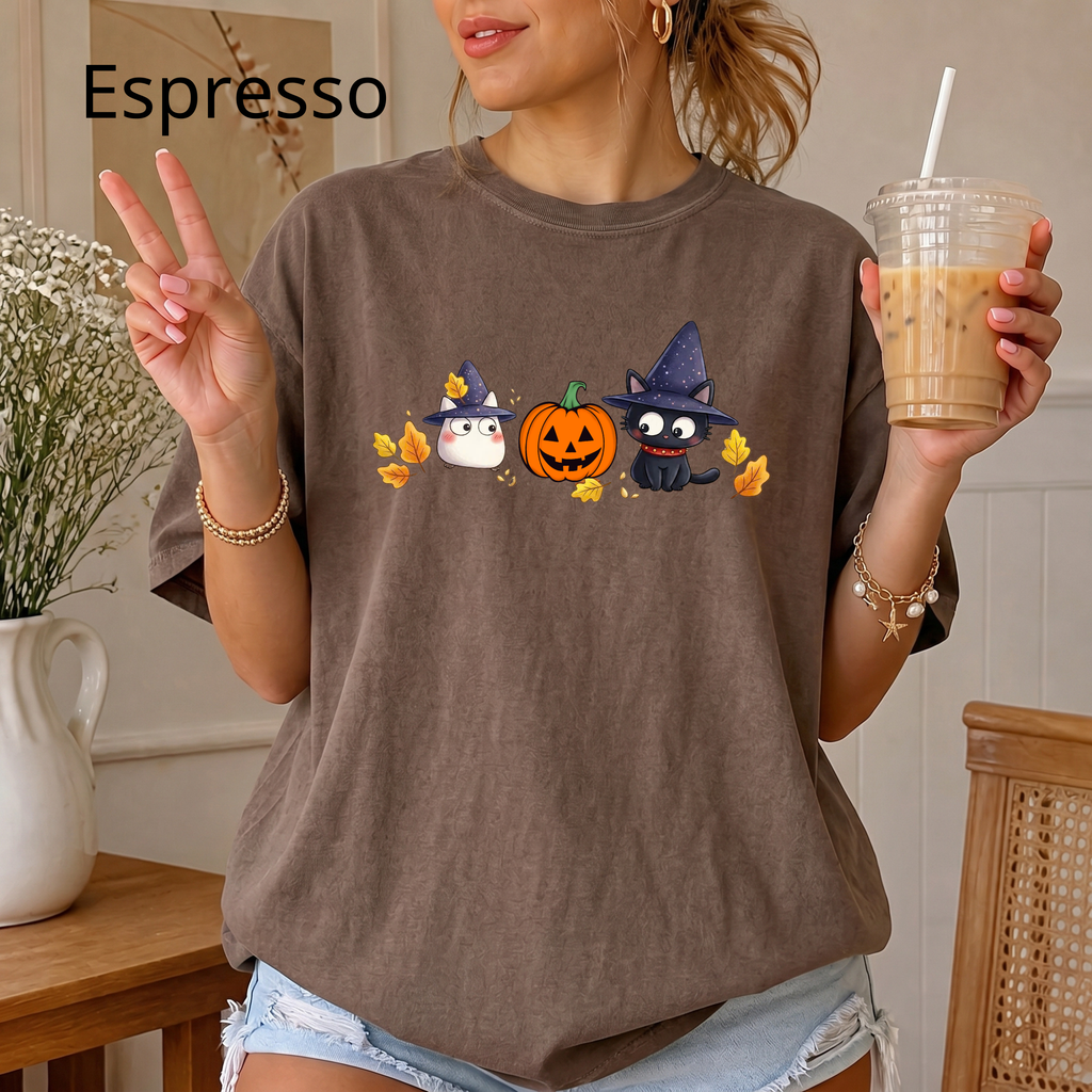 Cute Halloween Witch Cat & Ghost Pumpkin T-Shirt