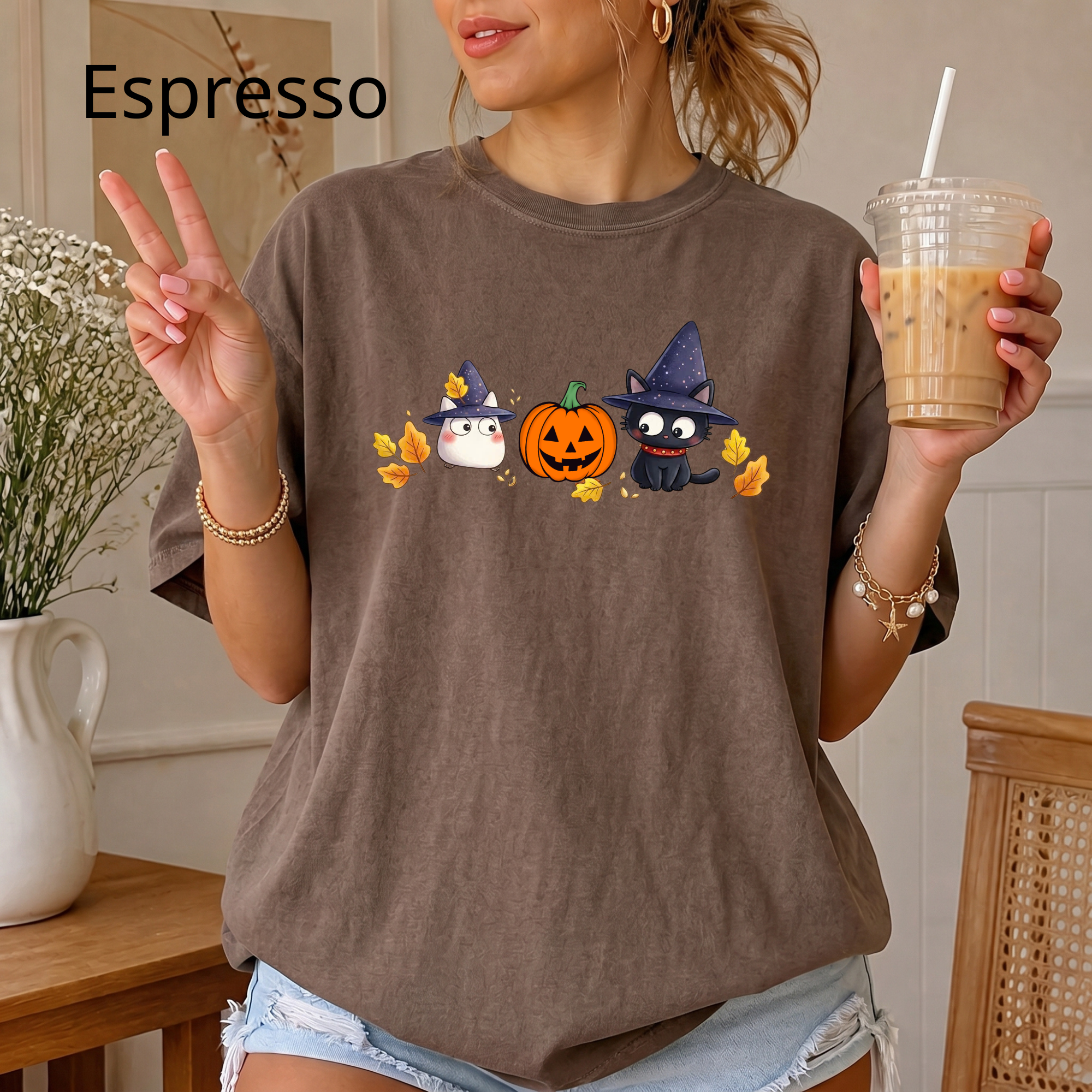 Cute Halloween Witch Cat & Ghost Pumpkin T-Shirt