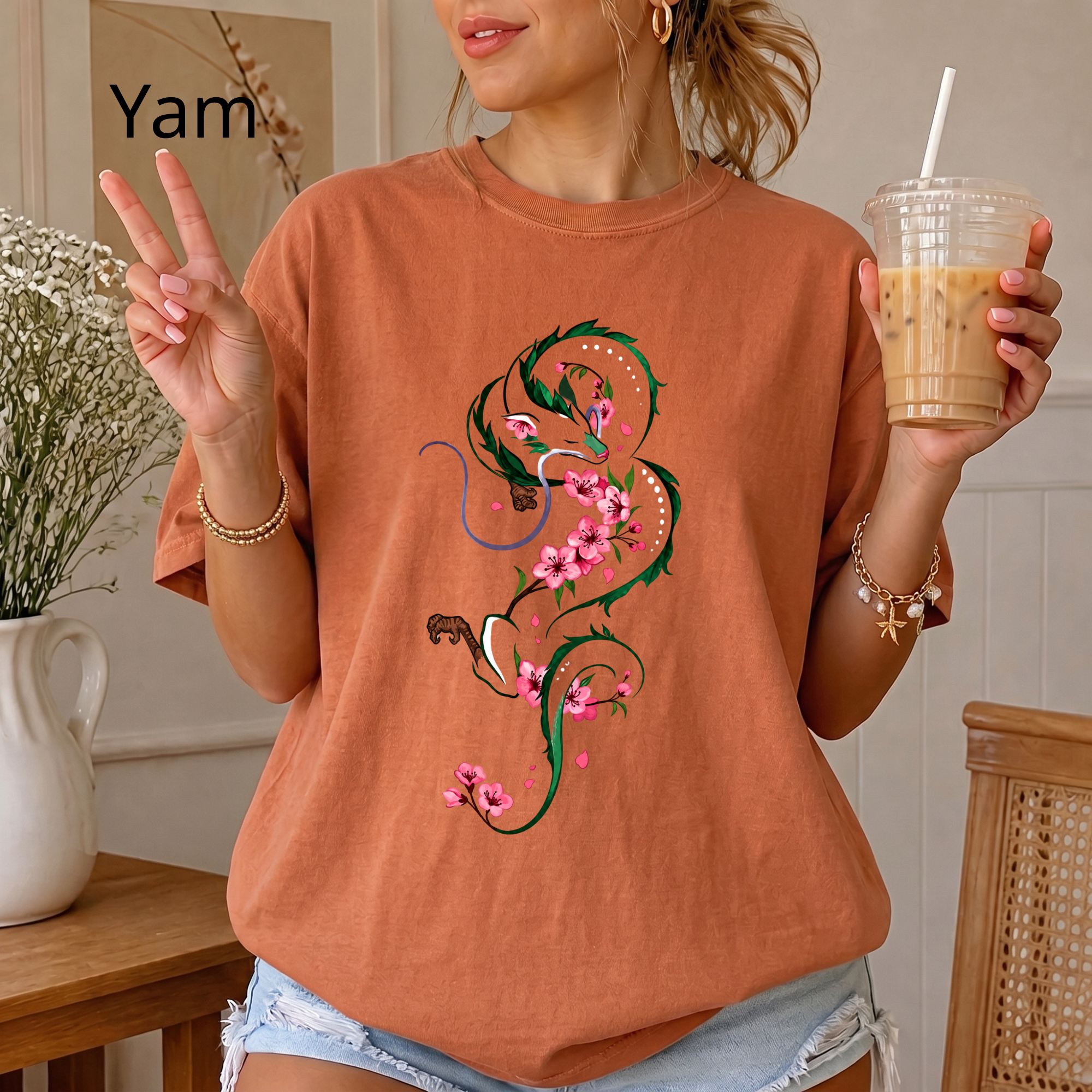 Vintage Dragon and Sakura T-Shirt, Japanese Aesthetic Anime Clothing, Cherry Blossom Floral Dragon Tee, Studio Ghibli Aesthetic Tee