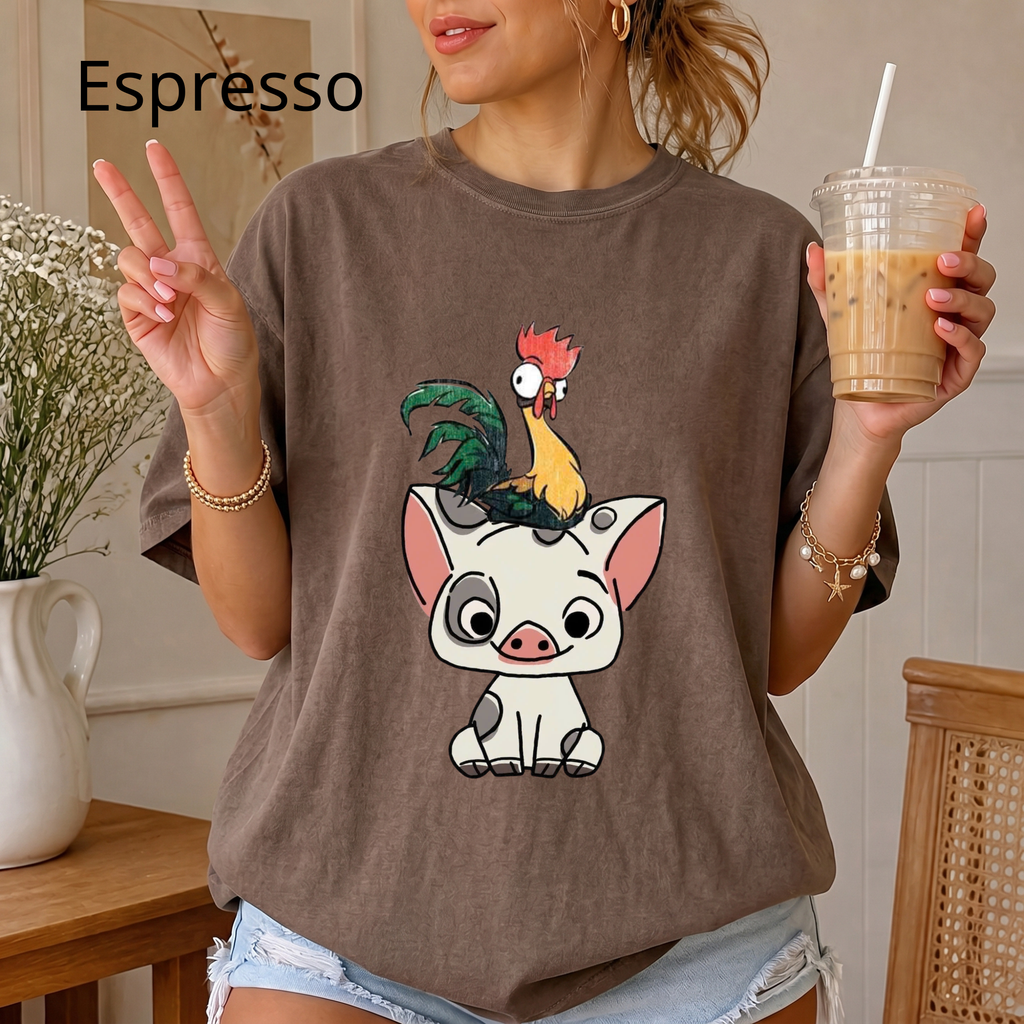 Cute Pua and Hei Hei Shirt, Retro Moana Pig and Rooster T-Shirt, Chibi Anime Graphic Tee, Cute Animal Comfort Colors Shirt