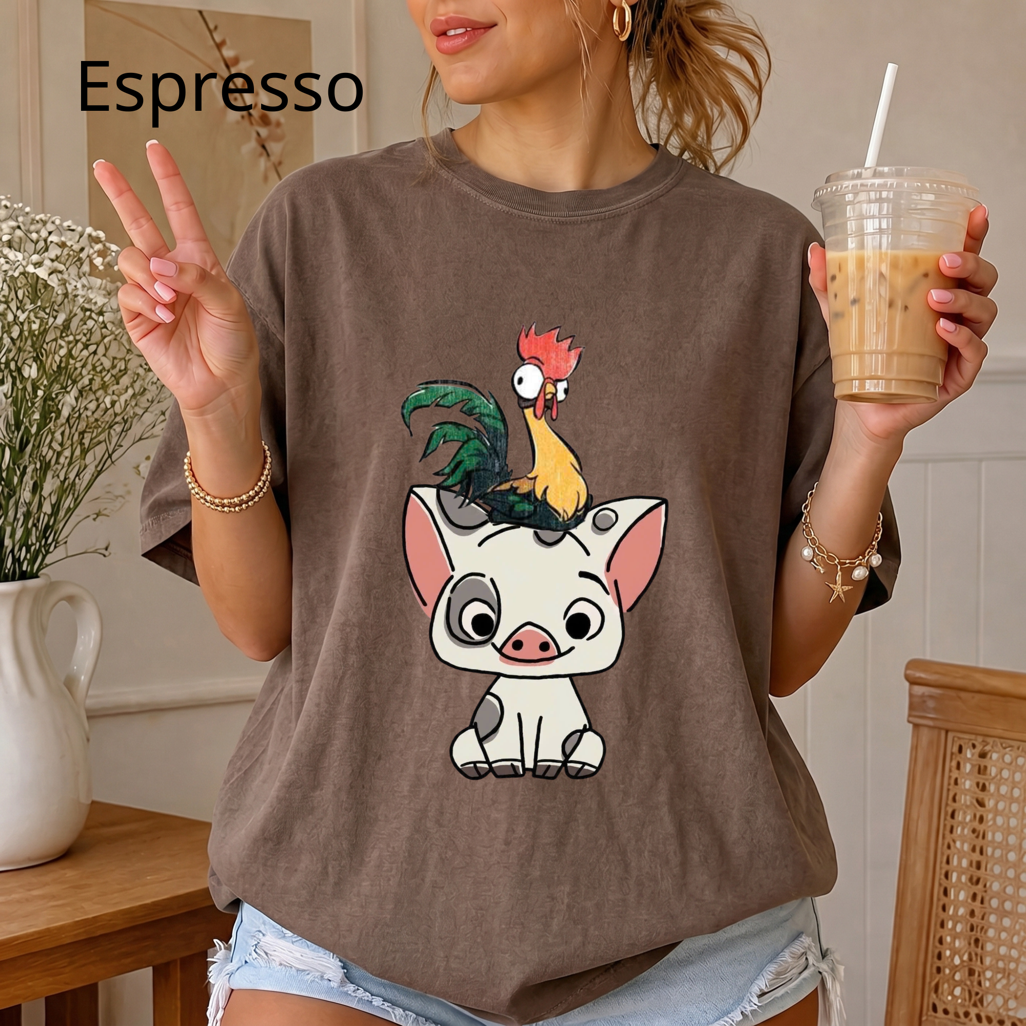 Cute Pua and Hei Hei Shirt, Retro Moana Pig and Rooster T-Shirt, Chibi Anime Graphic Tee, Cute Animal Comfort Colors Shirt