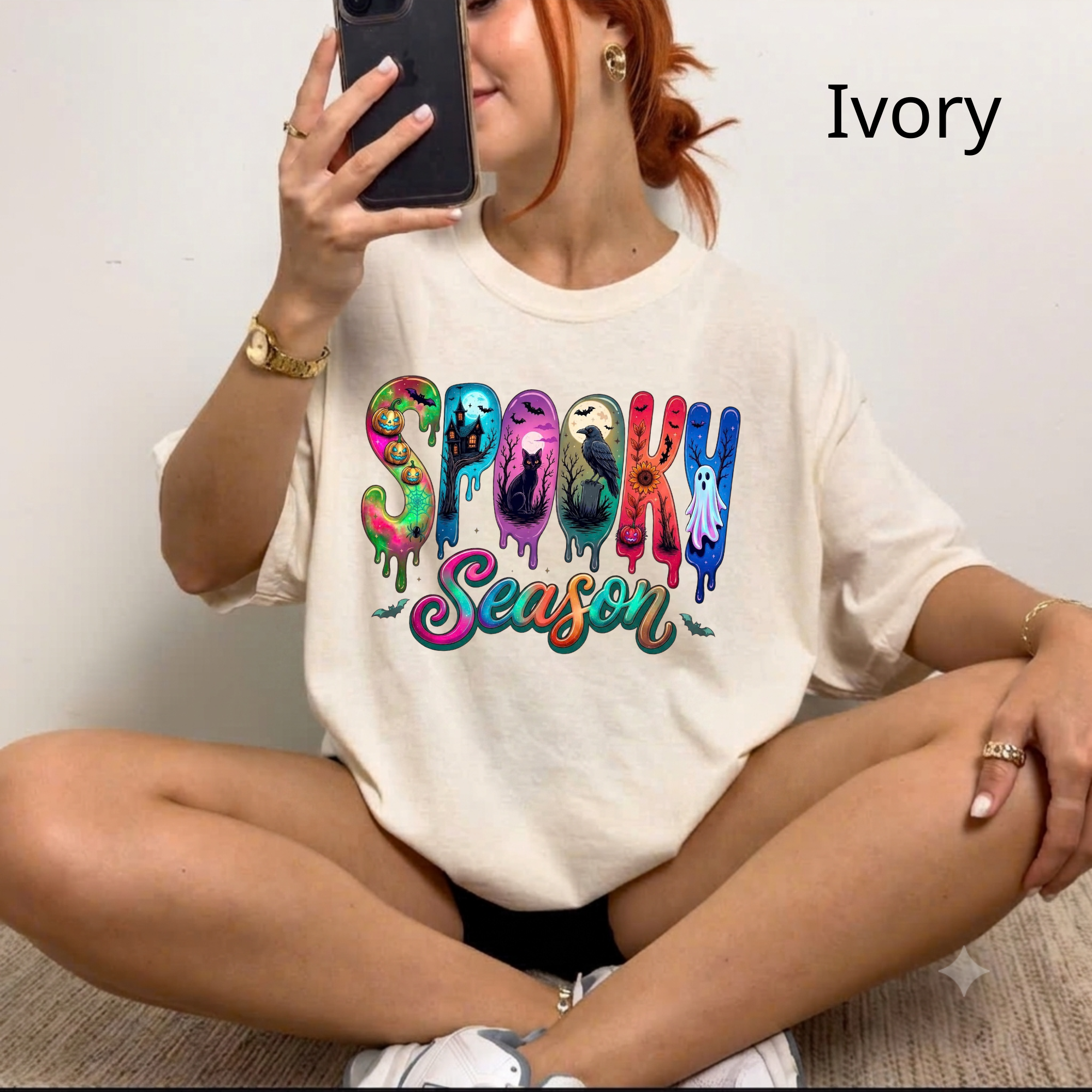 Spooky Season Graphic T-Shirt, Colorful Halloween Retro Vintage Tee, Cute Spooky Vibe Fall Shirt