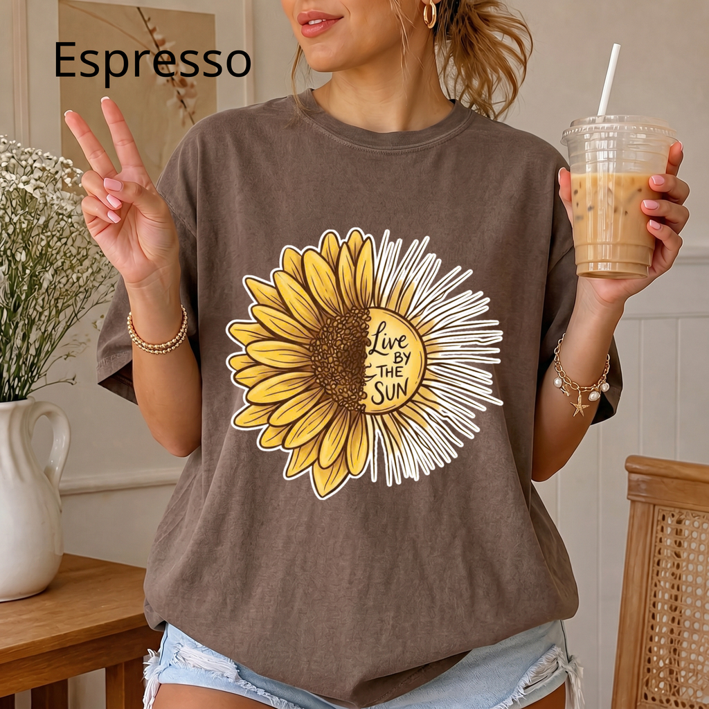Boho Sunflower Sun Shirt, Inspirational Quote Graphic Tee, Live by the Sun Floral T-Shirt, Aesthetic Sunbeams Comfort Tee