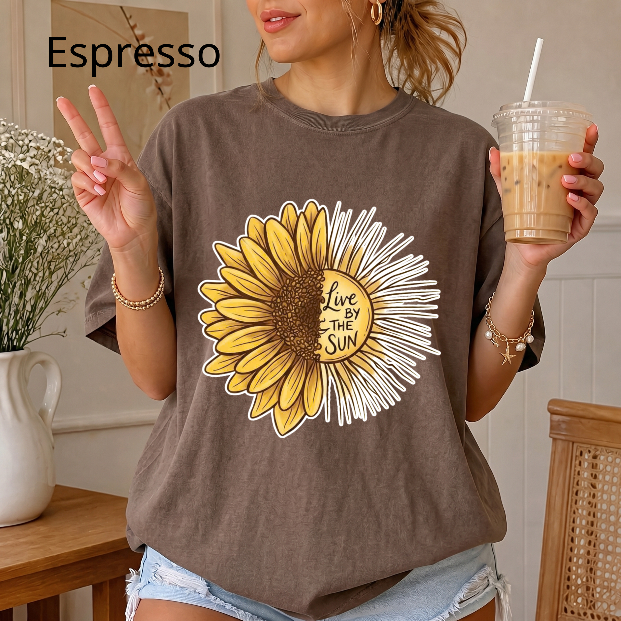 Boho Sunflower Sun Shirt, Inspirational Quote Graphic Tee, Live by the Sun Floral T-Shirt, Aesthetic Sunbeams Comfort Tee