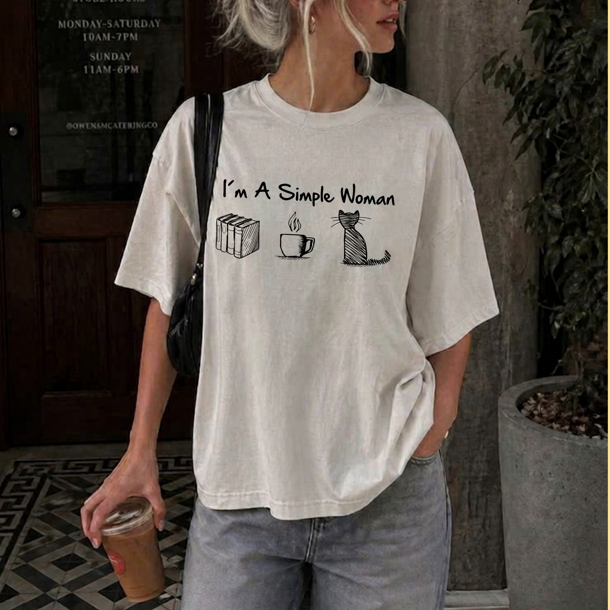 Funny Cat Mom T-Shirt, I'm A Simple Woman Tee, Coffee Cat and Books Graphic Apparel, Vintage Aesthetic Bookish Top