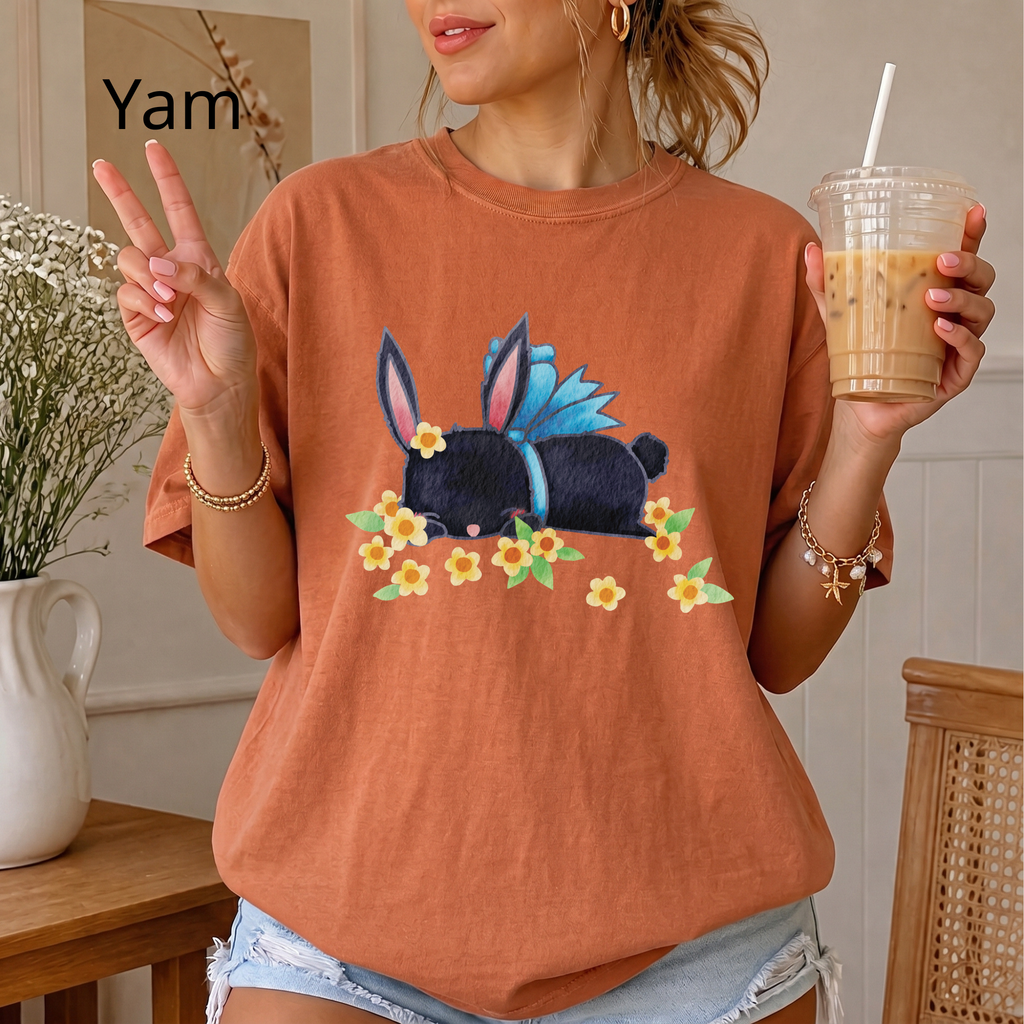 Bunny Bouquet T‑Shirt — Sleeping Black Bunny with Flowers