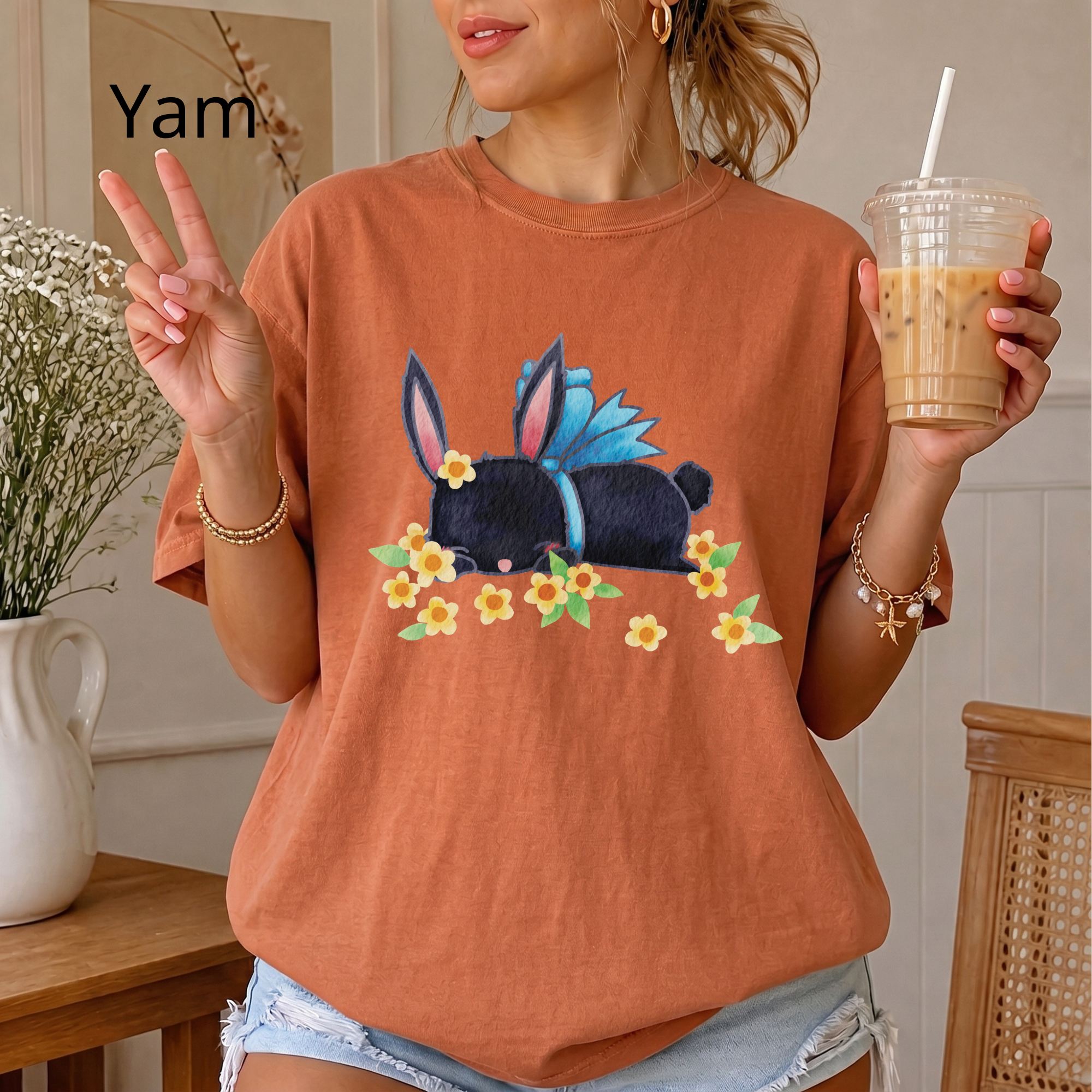 Bunny Bouquet T‑Shirt — Sleeping Black Bunny with Flowers