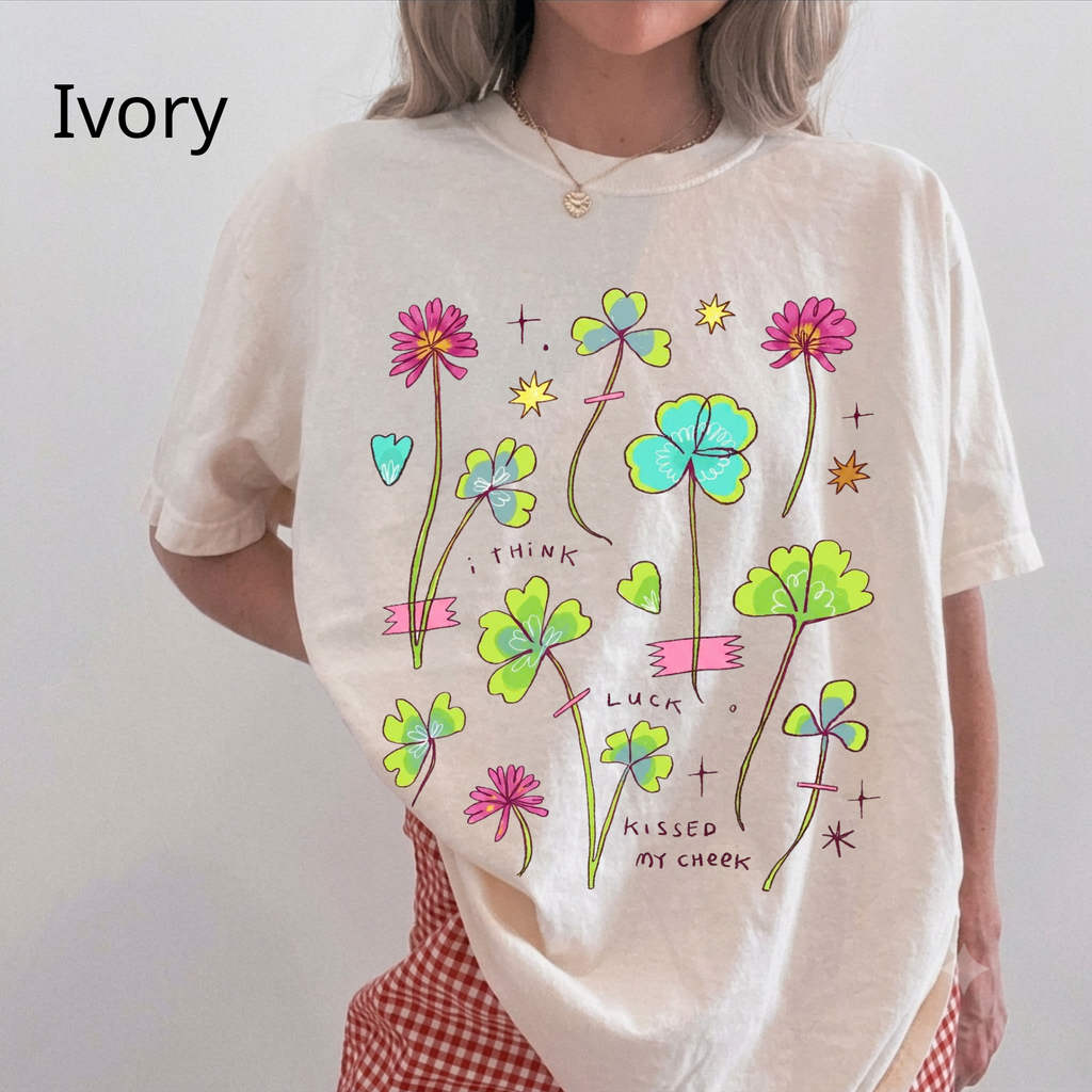 Lucky Clover Graphic Tee, Pastel Wildflower T-Shirt, Cute Aesthetic Four Leaf Clover Shirt, Retro Indie Apparel